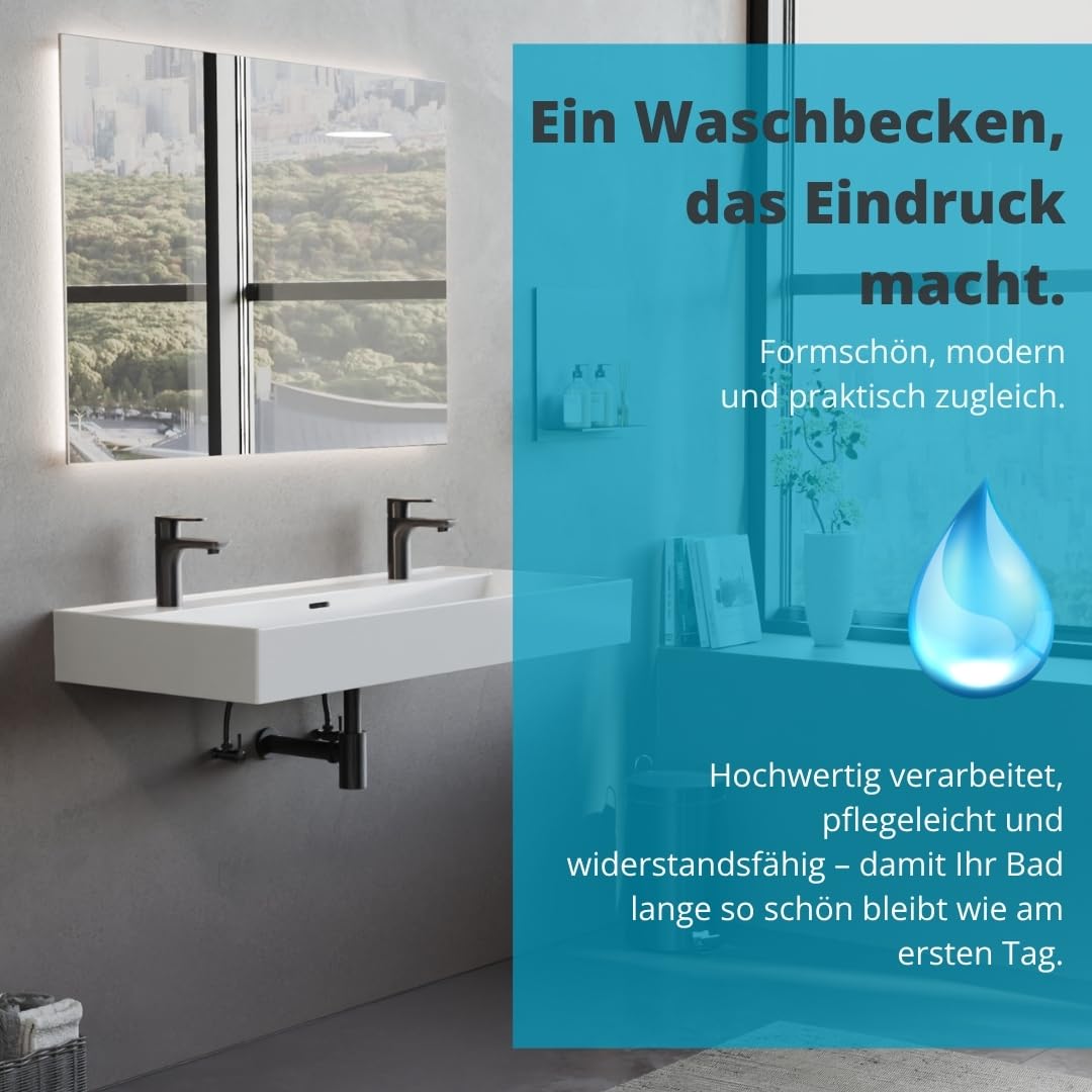 Aqua Bagno Double lavabo 100 cm blanc - Double lavabo moderne en céramique avec deux trous de robinetterie - Lavabo rectangulaire pour salle de bain - Facile d'entretien, robuste et adapté au montage