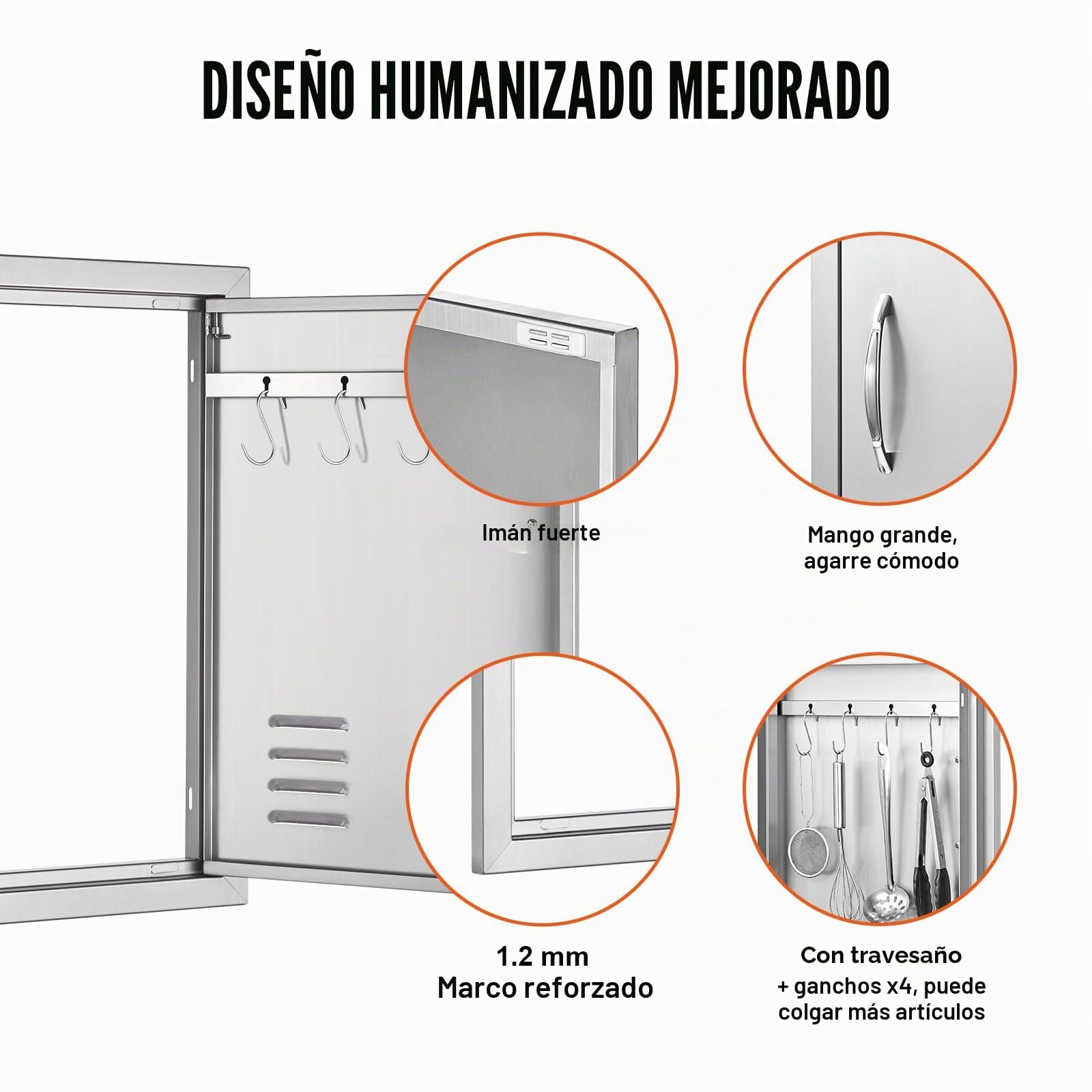 VEVOR - Puerta de acceso para barbacoa y cocina exterior, 610 x 431 x 45 mm, puerta empotrada en acero inoxidable, con asas, ventilaciones y ganchos, para isla de barbacoa, estación de