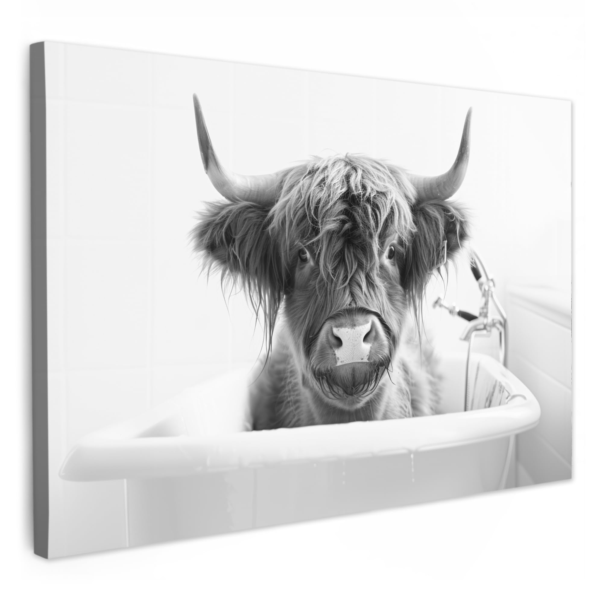 MuchoWow© Canvas Wall Art 90x60 cm Home Decor Paintings for Living Room Decorations Gifts Hallway Scottish Highlander - Cow - Bath - Black and white — image 1