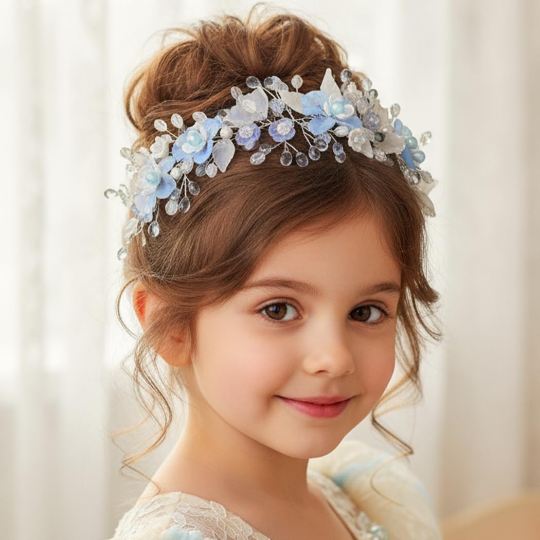 Campsis Flower Girls Hair Accessory Blue Floral Headband Wedding Crystal Headpiece for Women - Image 3