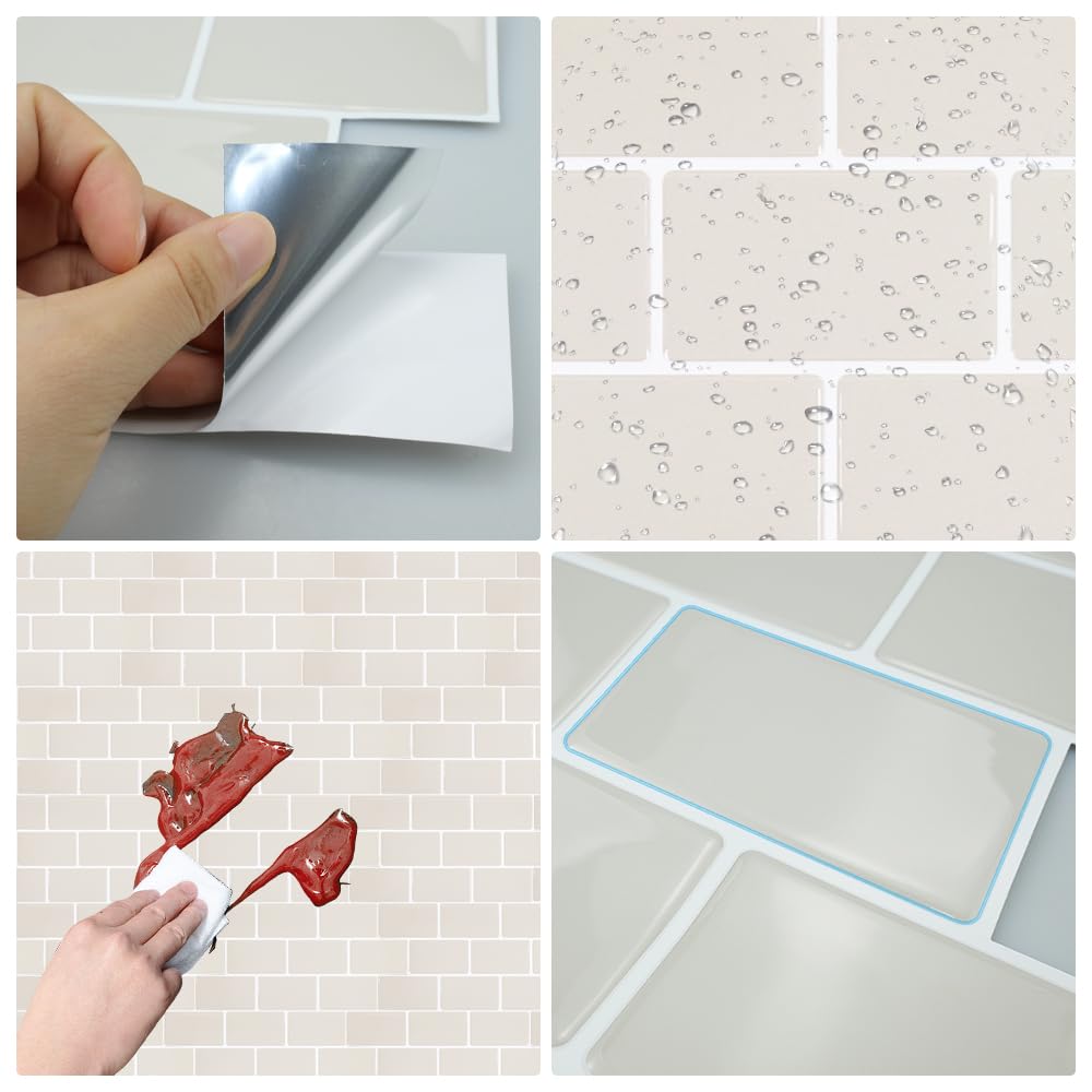 20 Pièces Carrelage Adhesif Mural Cuisine, Carreaux Adhesif Cuisine 30,5x 15,3cm Sticker Carrelage Beige pour Cuisine, Salle de Bain, le Mur, Auto-Adhésif