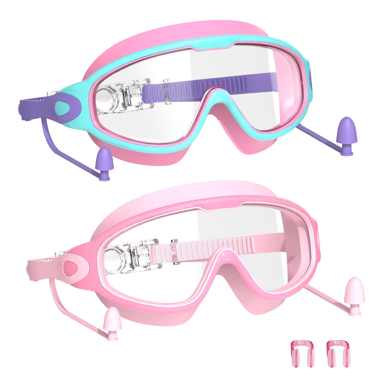 Swim Goggles for Kids 3-15 with Earplugs Large Frame Anti-Fog/UV Swimming Goggles for Boys Girls Toddler 2PCS