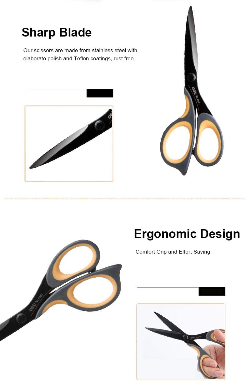Deli 2 Pack Multi-Purpose Cutting Scissors, Blade Resists Adhesive of Tape and Glue, Ergonomic Anti-Rust Scissor, Durable Craft Scissors Set, Soft Grip