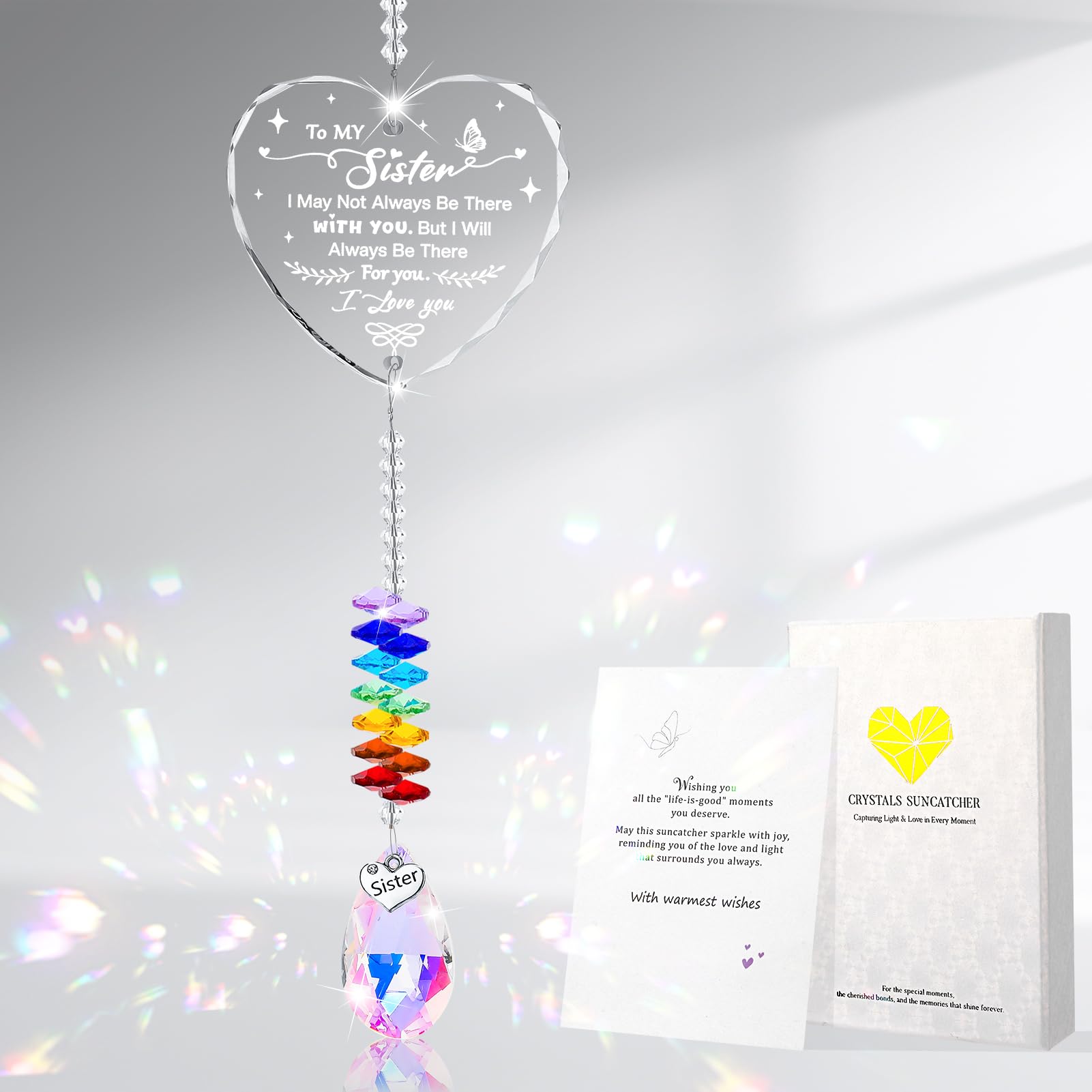 Meng Jiaran Sister Gifts Crystal Suncatcher for Windows Gifts for Sister Birthday Graduation, K9 Crystal Sun Catchers for Windows with Beads 13.8in Rainbow Maker for Garden Hanging Decor
