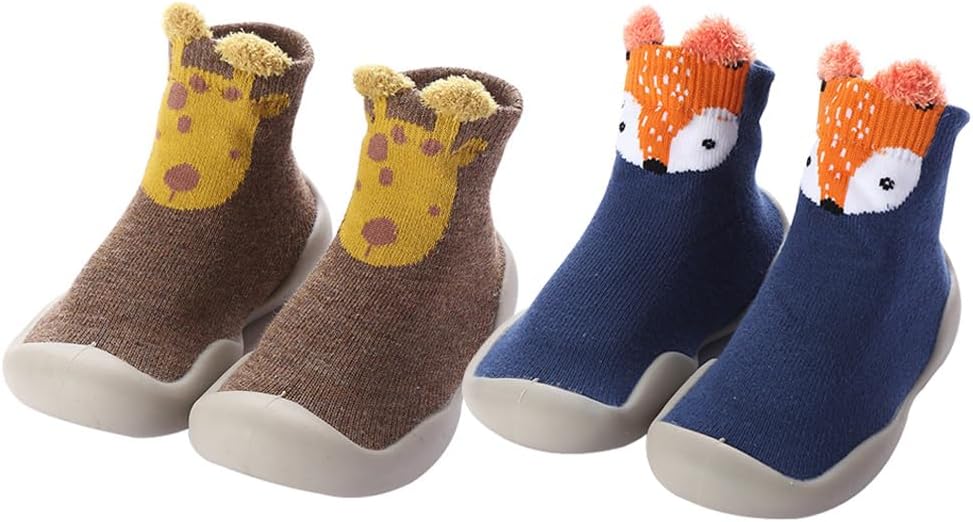2 Pairs Baby Sock Shoes Toddler Infant Non Slip Soft Rubber Sole Slippers First Walking Shoes for Baby Boys Girls