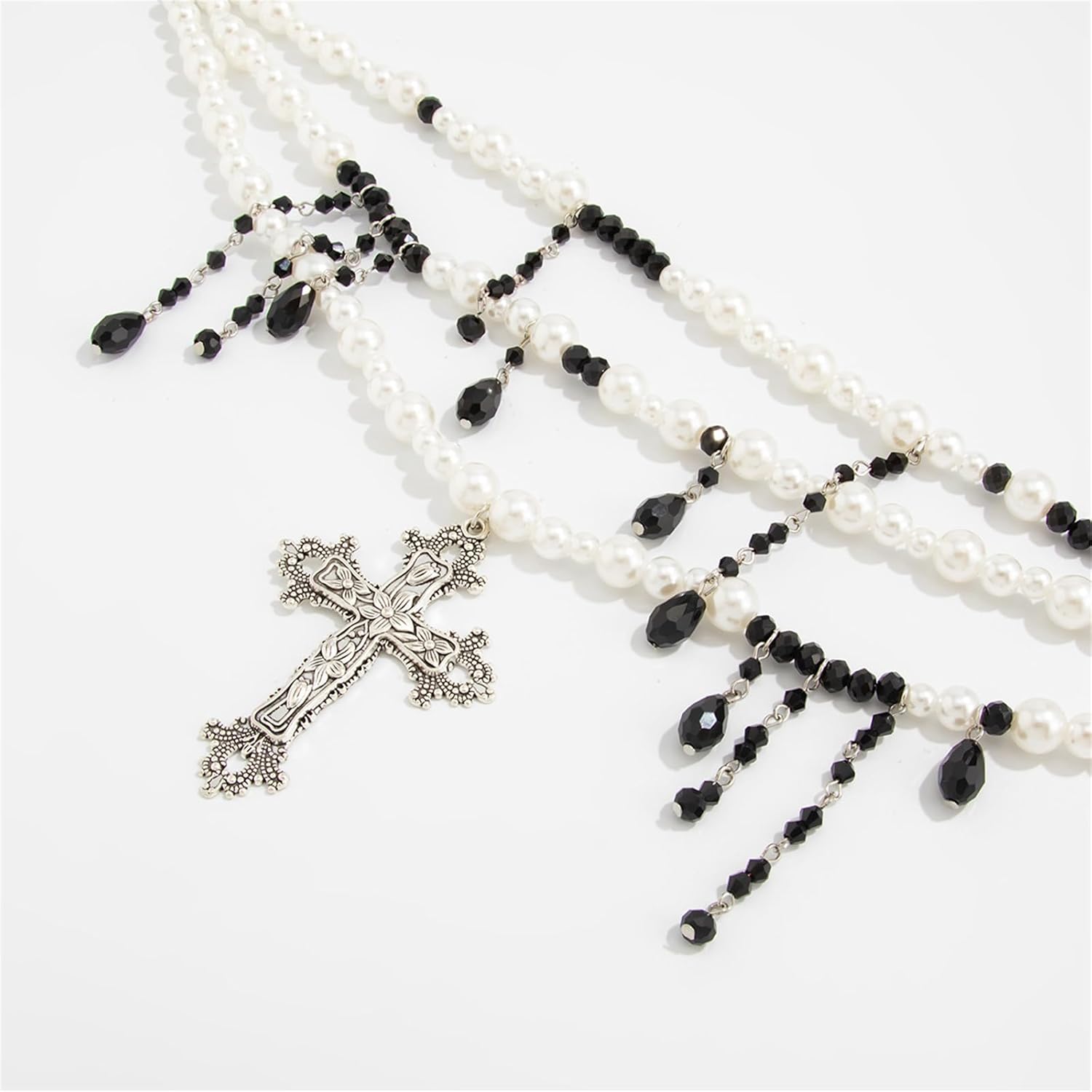 Gothic Blood Cross Necklaces,Vintage Blood Drop Pearl Tassel Choker Goth Layered Pearl Beaded Vampire Necklace Punk-Style Dark Red Black Crystal Necklace Chunky Cross Necklace Halloween Costume Jewelry - Image 4