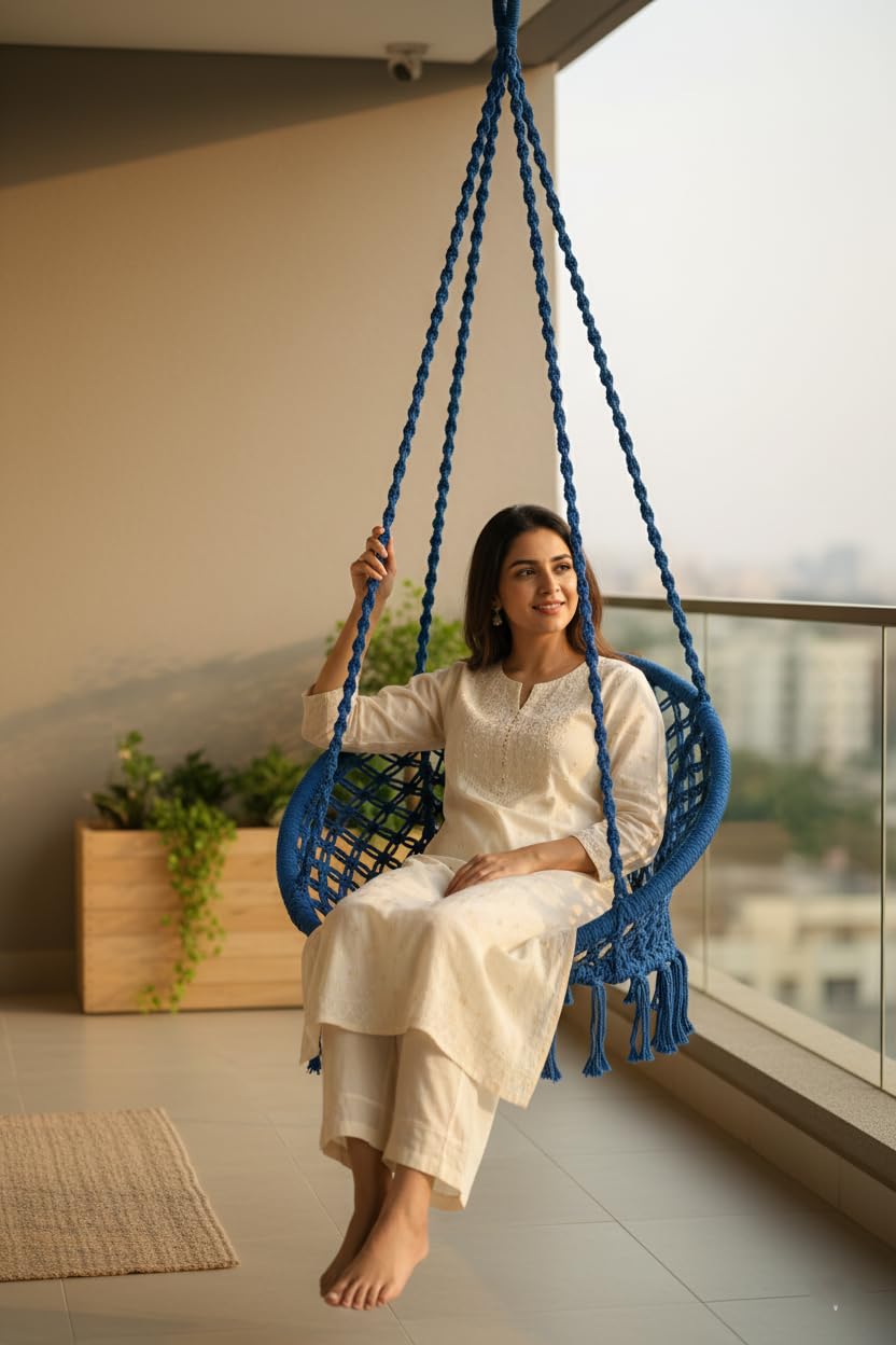 Patiofy Home Swing For Adults&Kids|Suitable For Living Room,Balcony,& Outdoor|(1 Seater)Capacity Up-To 120 Kgs|Includes Free Hanging Accessories|Handmade Jhula With Premium Cotton Rope|Blue,43.2 Cm