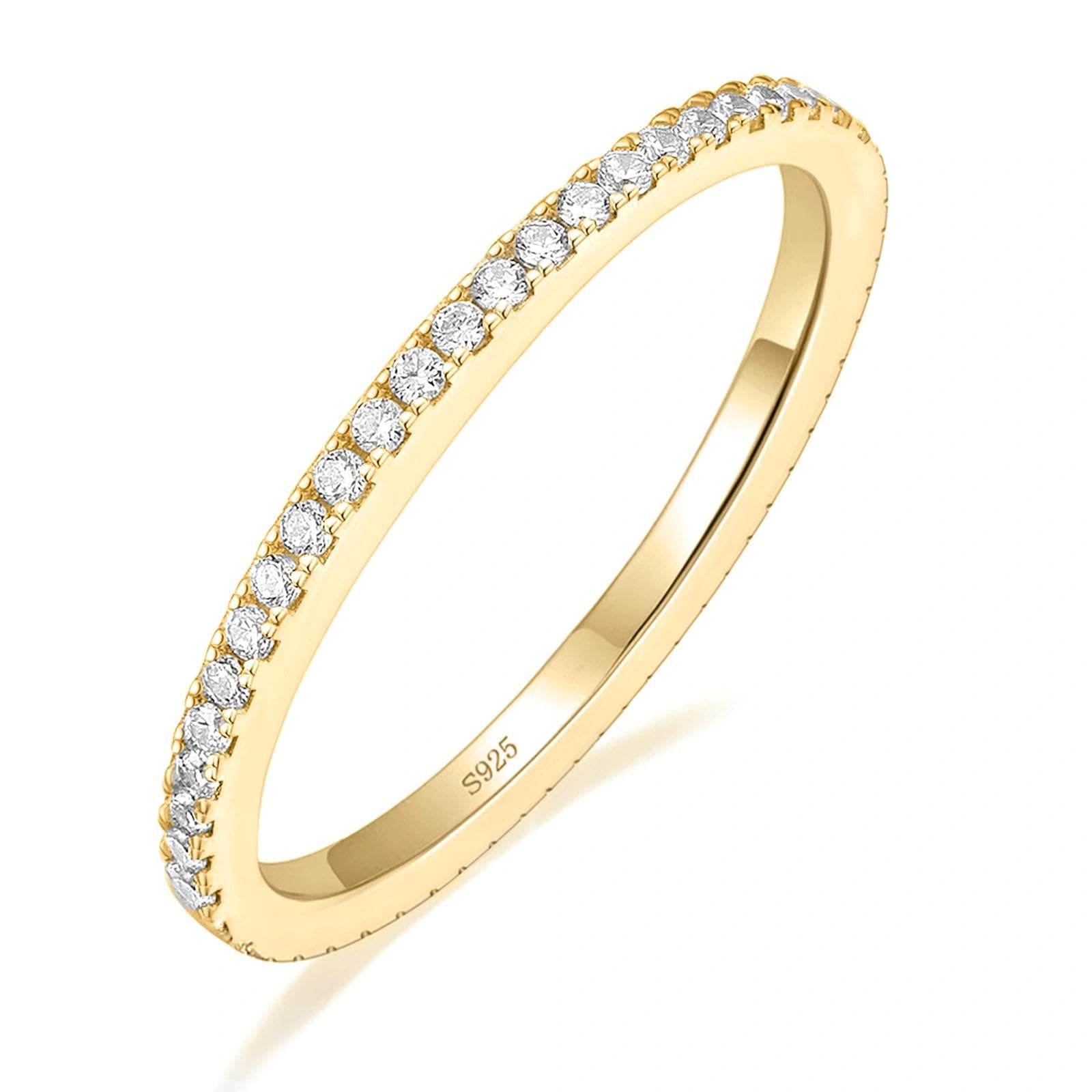EAMTI 2mm 925 Sterling Silver Wedding Band Yellow Gold Round Cubic Zirconia Full Eternity Stackable Engagement Ring for Women Size 4