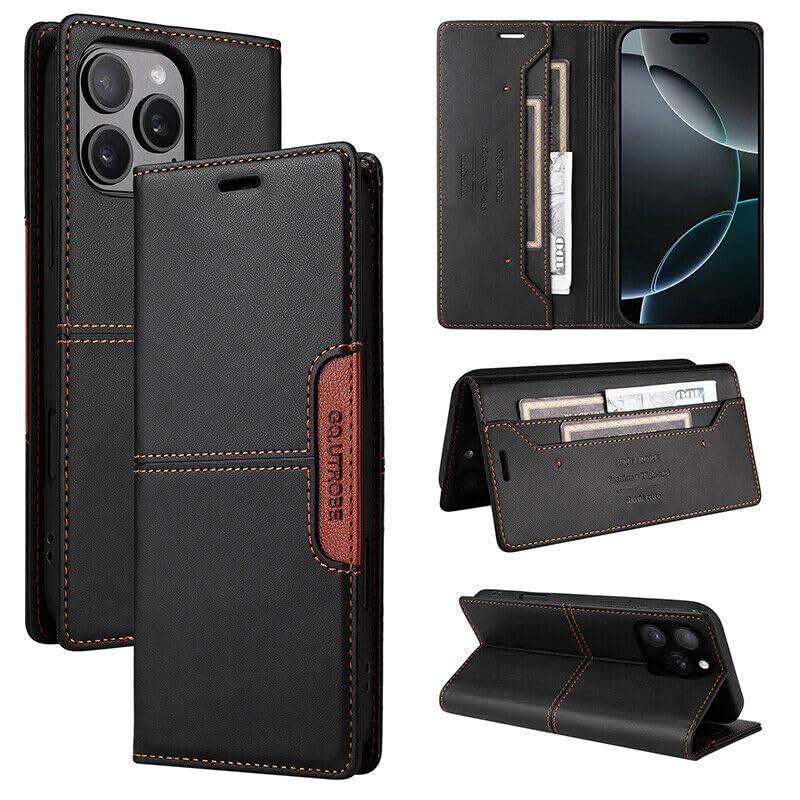 Coque iPhone 16 Pro Max portefeuille cuir noir avec rangement cartes et rabat aimanté