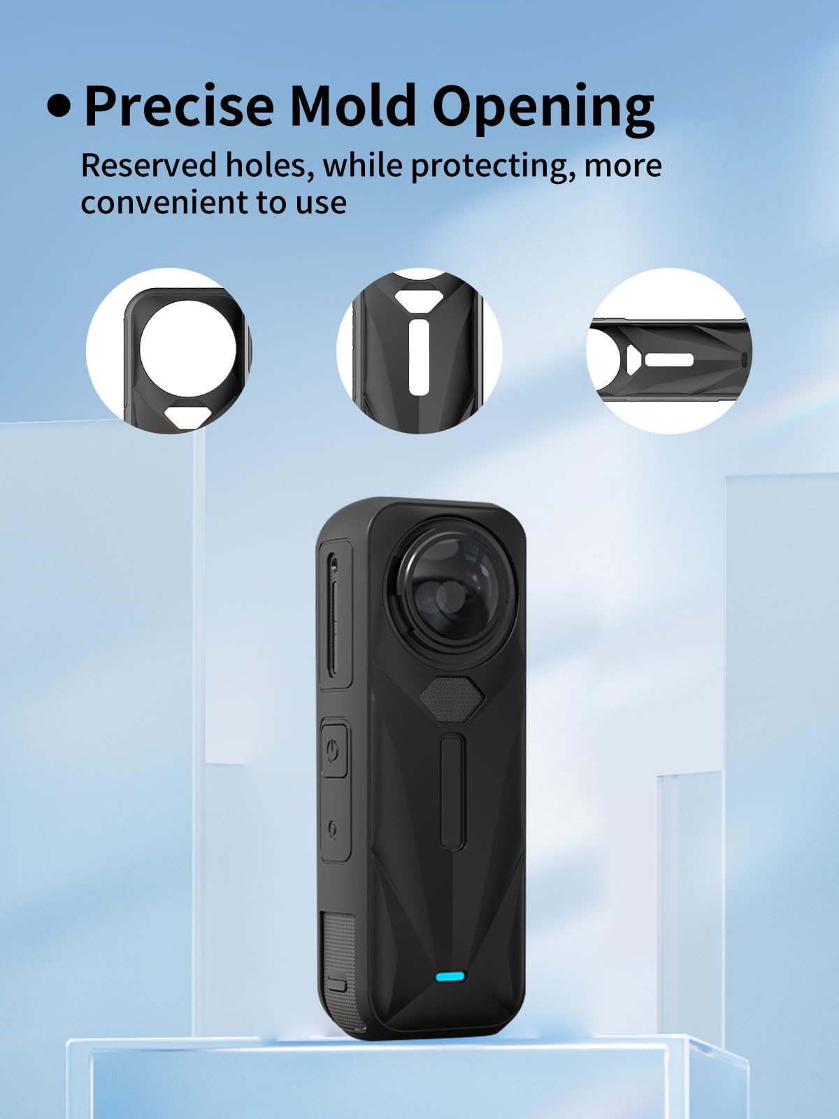 Funda especialmente diseñada para cámara de acción Insta360 X5 impermeable 8K de 360°, protección de silicona premium a prueba de golpes. Puerto de carga accesible, color negro.