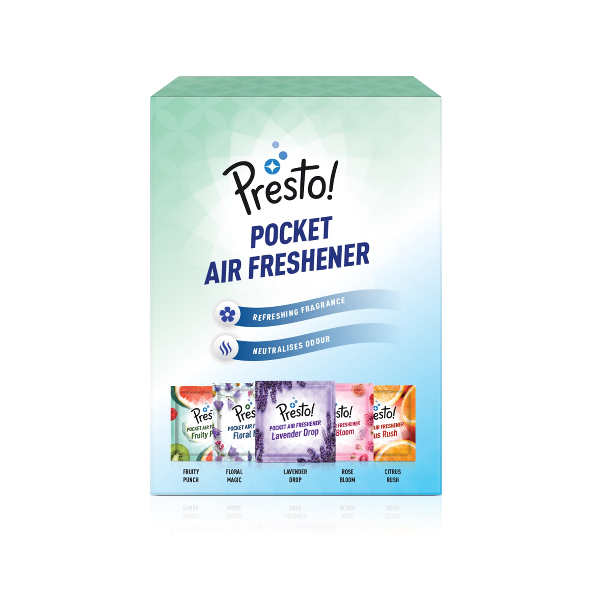 Amazon Brand - Presto! Pocket Air Freshener, Refreshing Blocks Fragrance That Lasts Up To 30 Days (5 Assorted Fragrances, 50 Gms)
