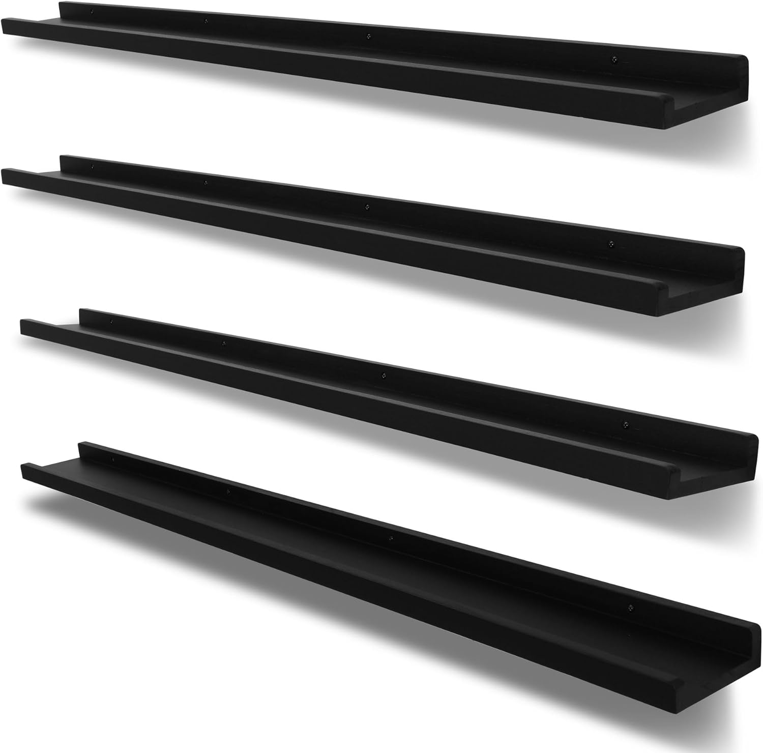 PHOENANCEE Long Floating Shelves for Wall 57 Inch,Real Wood Picture Ledge with Lip Set of 4,Photo Frame Storage Display for Living Room Nursery Bedroom Bathroom Kitchen Home Office Decor Rustic Black 57''(4 Pack) Rustic Black