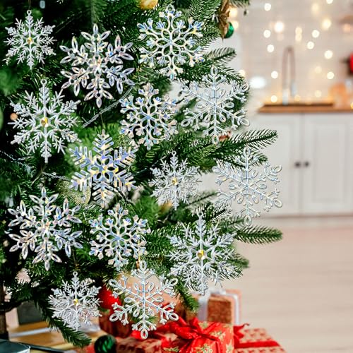 Image of 49Pcs Christmas Ornaments - Iridescent Glitter Snowflake Decorations for Winter Tree, Wall, Ceiling & Window