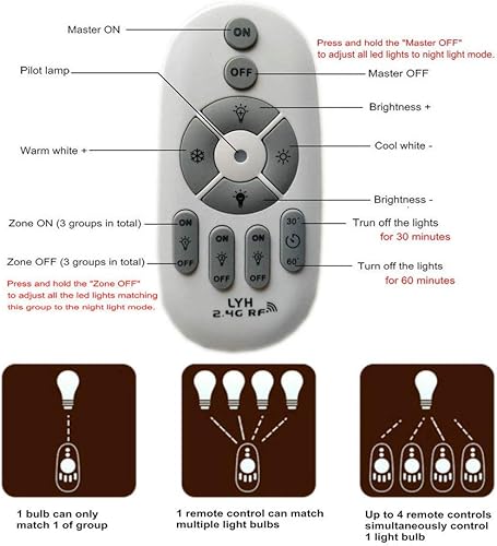 Miniatura 5 de Bombillas LED inteligentes E27 de 6 W regulables con control remoto inalámbrico de 3 zonas de 2.4 GHz, temperatura de color ajustable (cálido/frío)