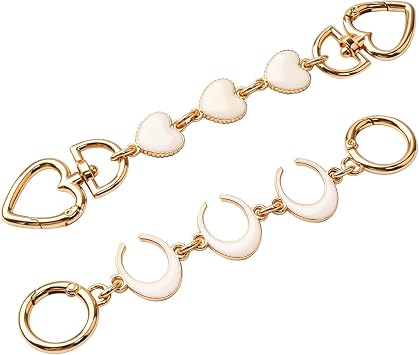 WANDIC Straps Bag Chain Set, 2Pcs Metal Extender Bag Accessorie Chain with Heart Crescent Moon Pattern Golden Metal Replacement Chain for Purse Bag Handbag,Ivory