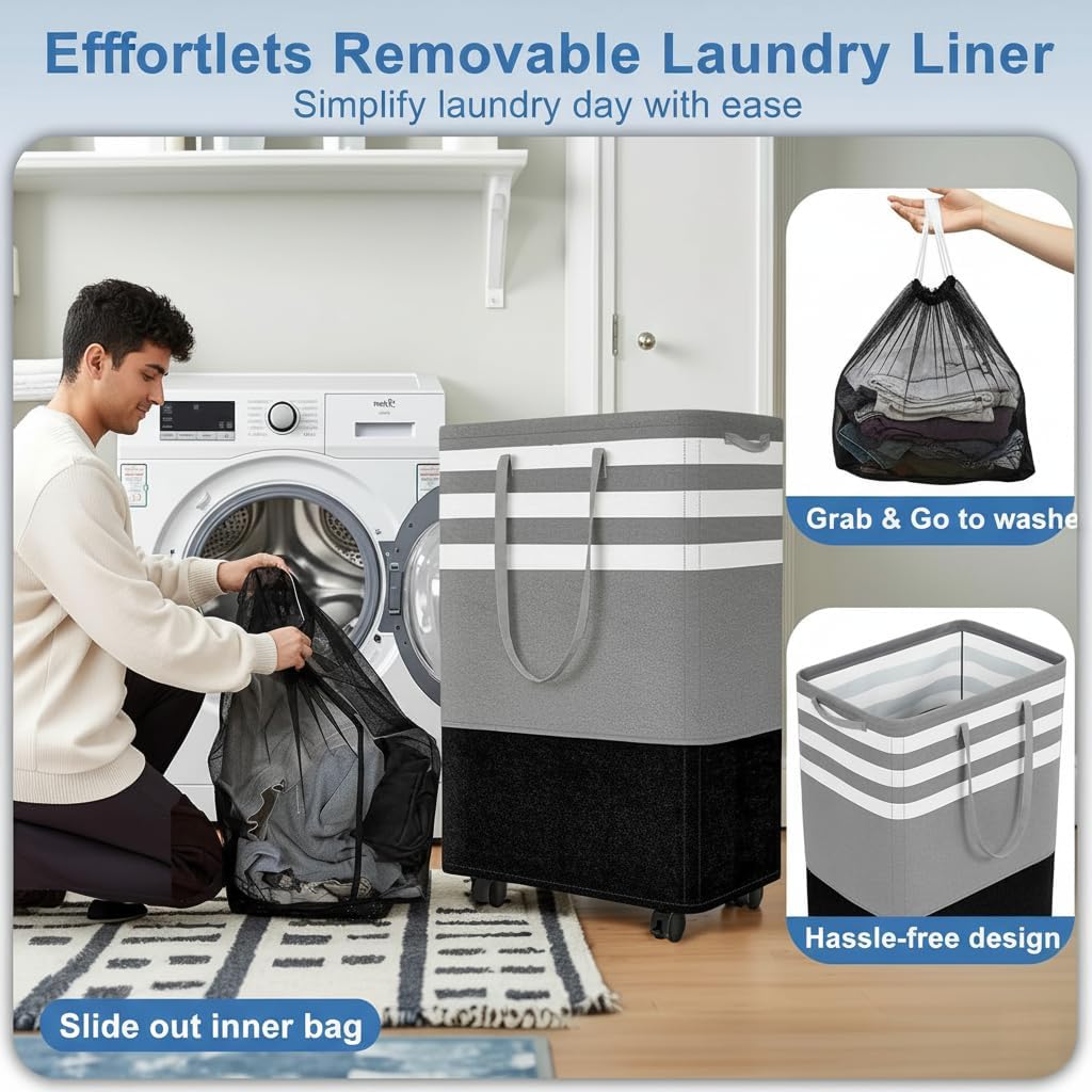 105L Large Laundry Basket with Wheels, Collapsible & Waterproof Hamper with Removable Mesh Bag, Freestanding Rolling Clothes Organizer for Bedroom, Bathroom, Laundry Room, Grey