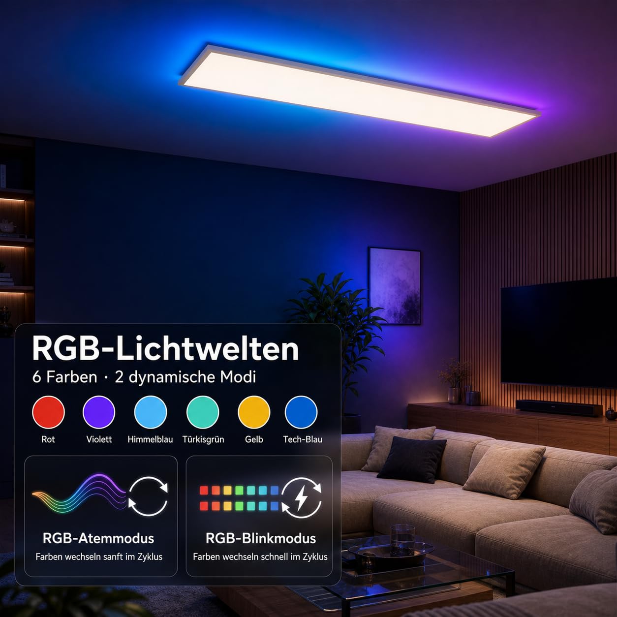 LED Panel Deckenleuchte mit Fernbedienung 120x30CM, 40W 4800LM RGB Deckenlampe Farbwechsel, Deckenlampe Dimmbar 3000K-6500K Ultra Dünn Panel für Wohnzimmer Kinderzimmer schlafzimmer