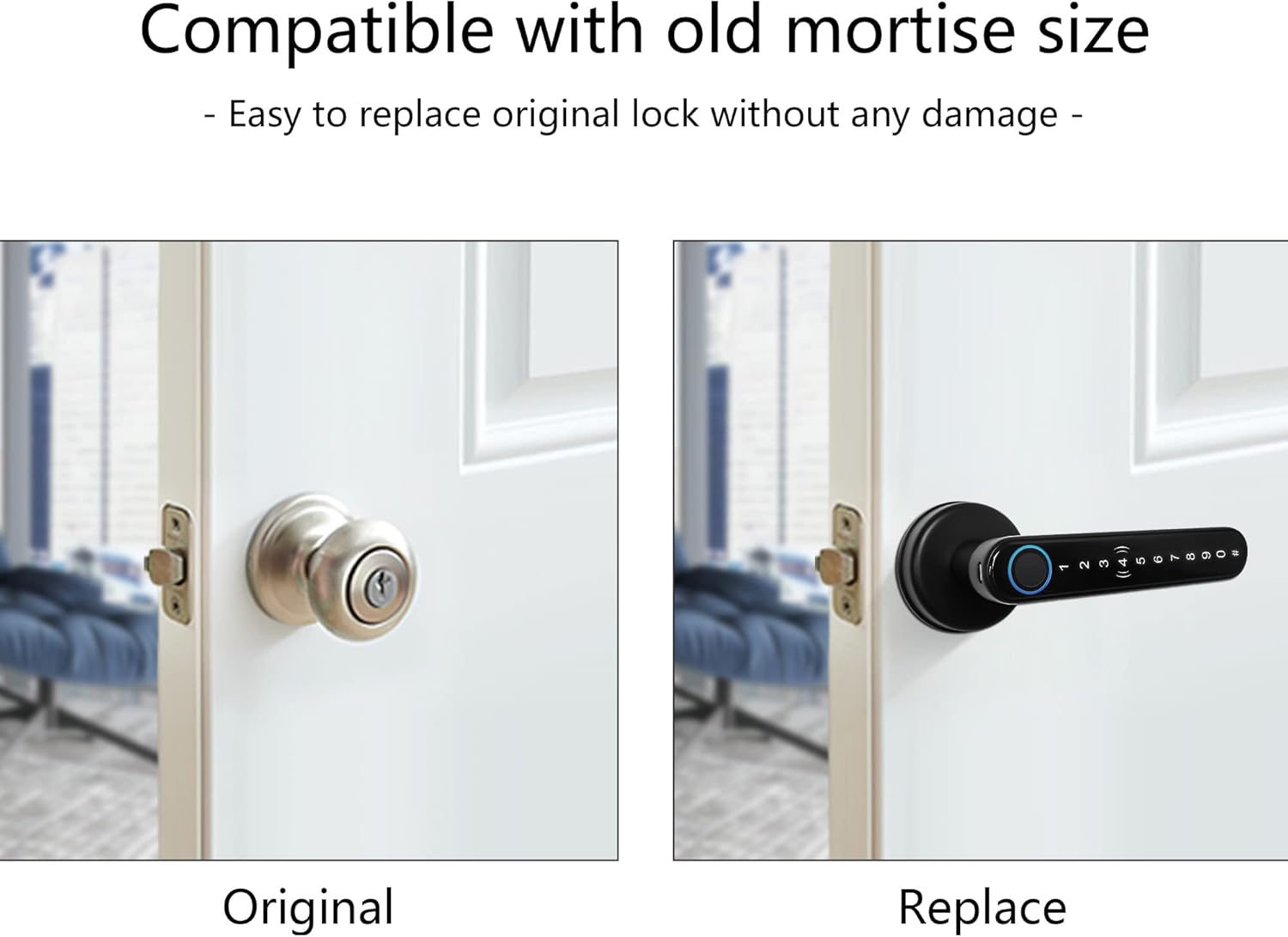 Comparison of an old mortise lock and the new CATCHFACE Smart Lock installed on a door.