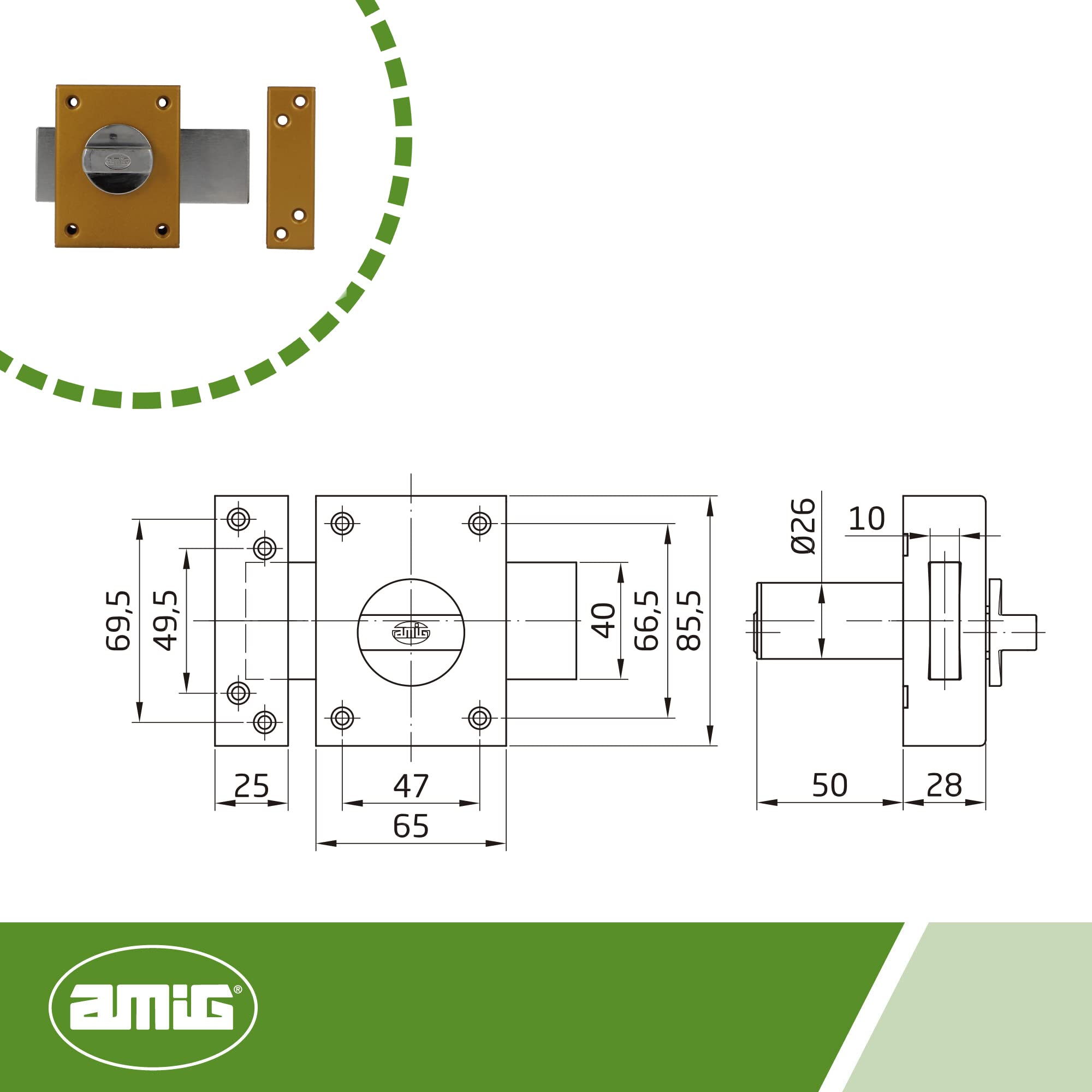 Amig - Serratura da Sovrapposizione con Leva di Chiusura e Stampellino Interno per Porte in Legno Mod. 85 | 85 x 65 mm | Chiavistello con Cilindro Rotondo di Sicurezza | Acciaio Smaltato Oro
