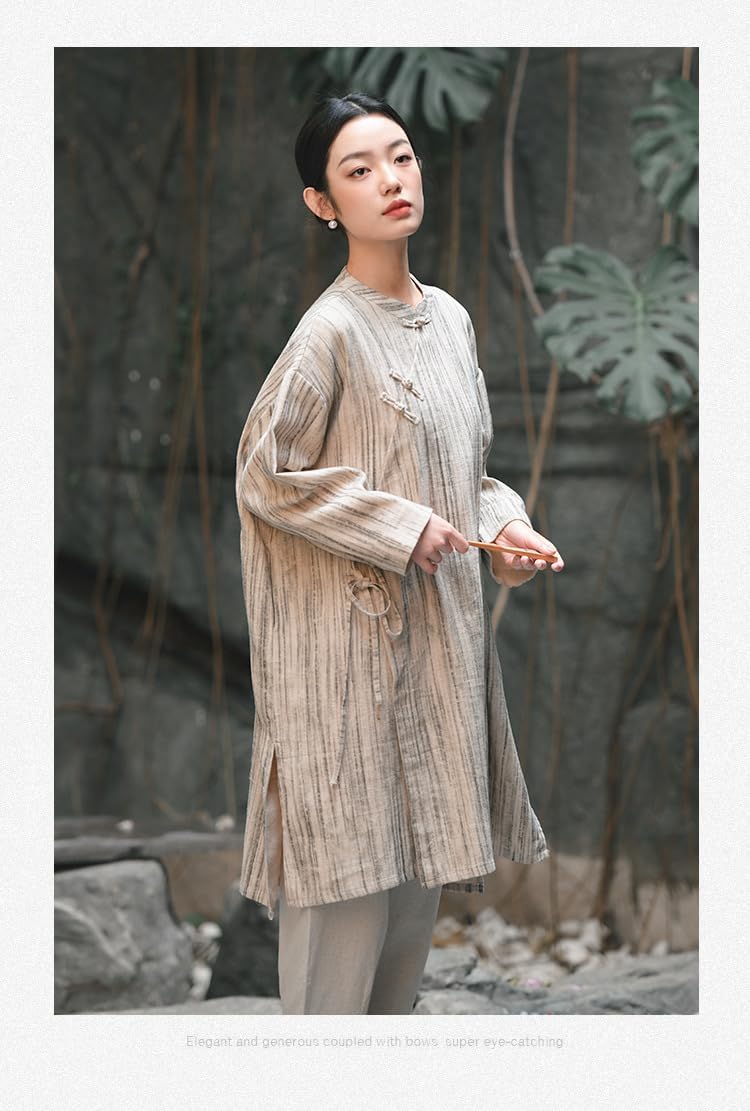 HEARTTOUCH Women's Vintage Linen Blouse Button Down Shirts Long Sleeve Hanfu T-Shirt Chinese Tang Suit Loose fit Tai Chi Tops
