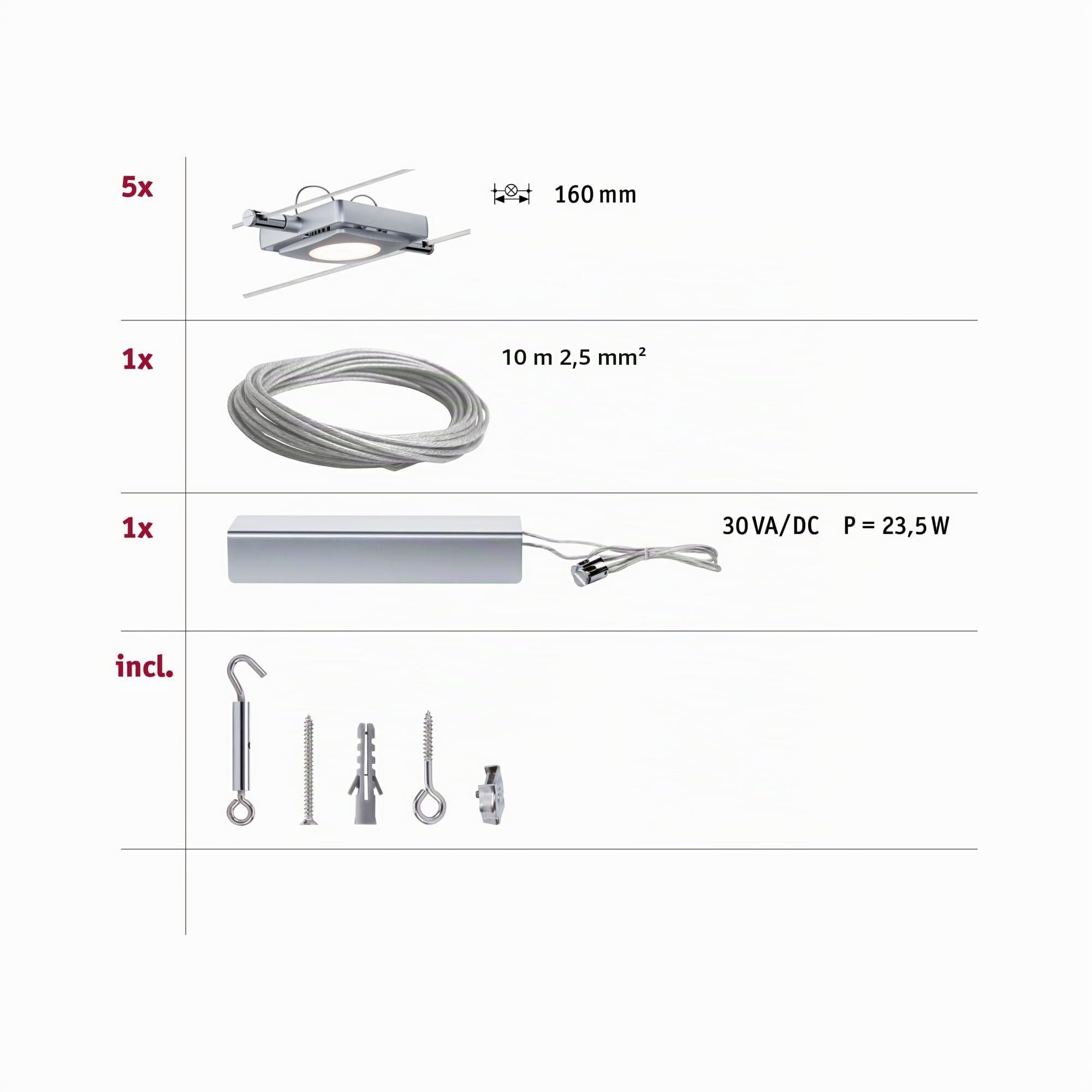 Paulmann 941.08 MacLED Système d'éclairage à spots suspendus - Kit de luminaires sur fil tendu avec 5 lampes carrées, câble de 10 m et transformateur DC 30VA - Plafonnier en suspension max 20W, chromé variante 1 (6x4w)
