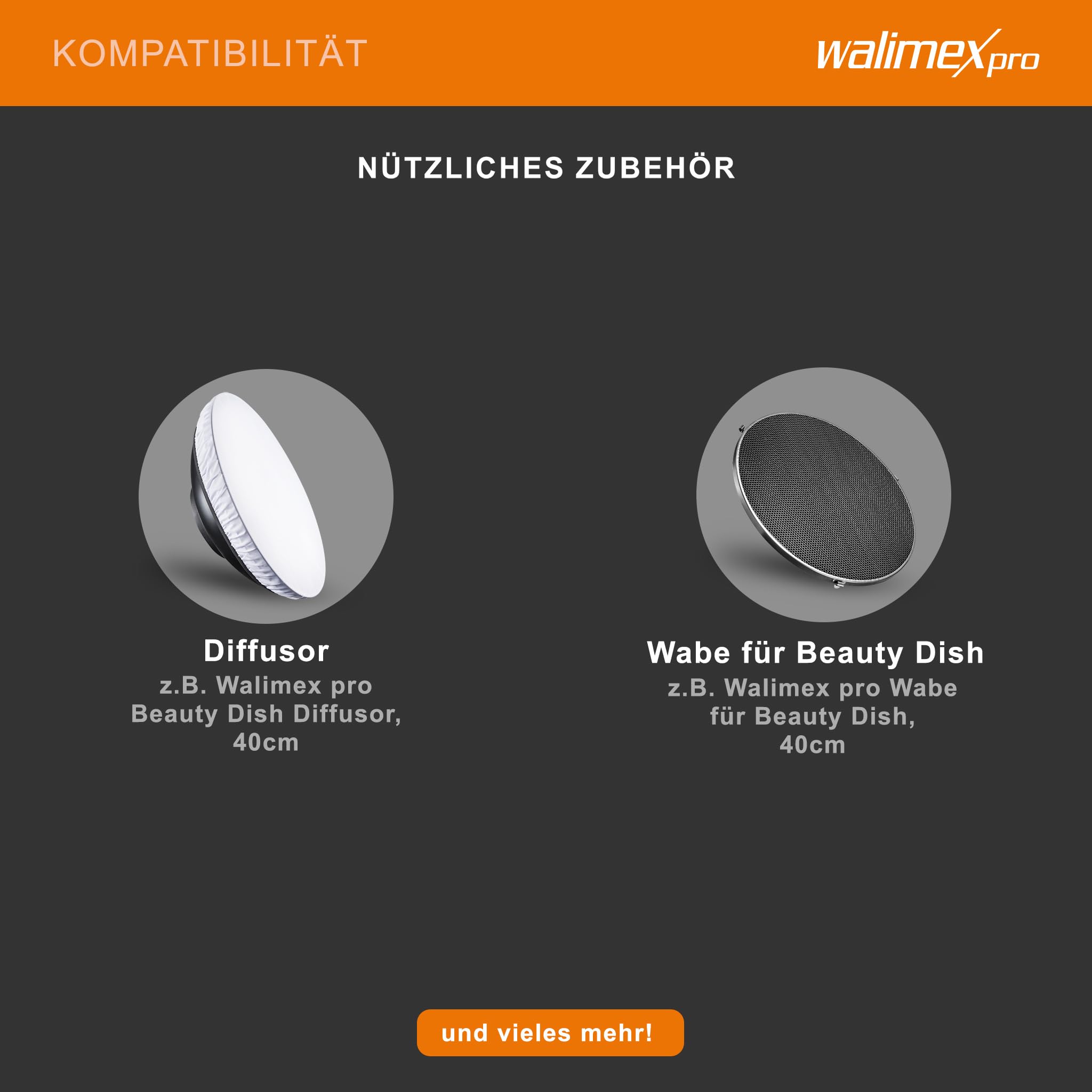 Walimex pro Beauty Dish Ø 40 cm Lichtformer für Bowens & Walimex pro Anschluss, Reflektor für weiches Licht, ideal für Portät und Beautyfotografie