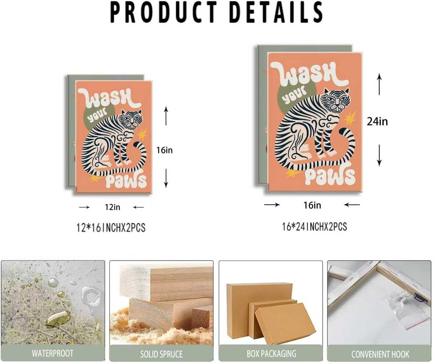 2Pcs Funny Bathroom Animal Framed Canvas Wall Art Tiger Wash Your Paws Bathroom Painting Picture Wall Decor Funky Maximalist Toilet Sign Poster Print Artwork for Toilets and Living Room Home Decoration