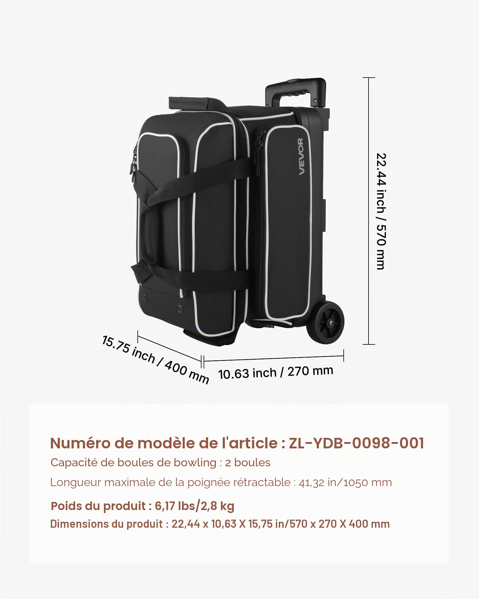VEVOR Sac de Bowling à roulettes, Valise de Transport pour 2 Boules, avec Compartiment pour Chaussures, Poche pour Accessoires Surdimensionnée et Poignée Rétractable Extensible, Noir et Blanc