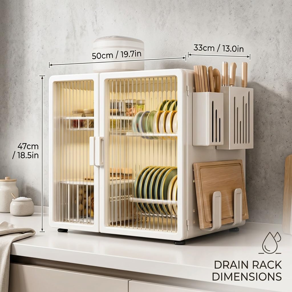 Escurridor de platos con puertas, Organizador de cocina a prueba de polvo | Diseño modular, Gran capacidad, Estructura de acero, Almacenaje vertical(Nero)