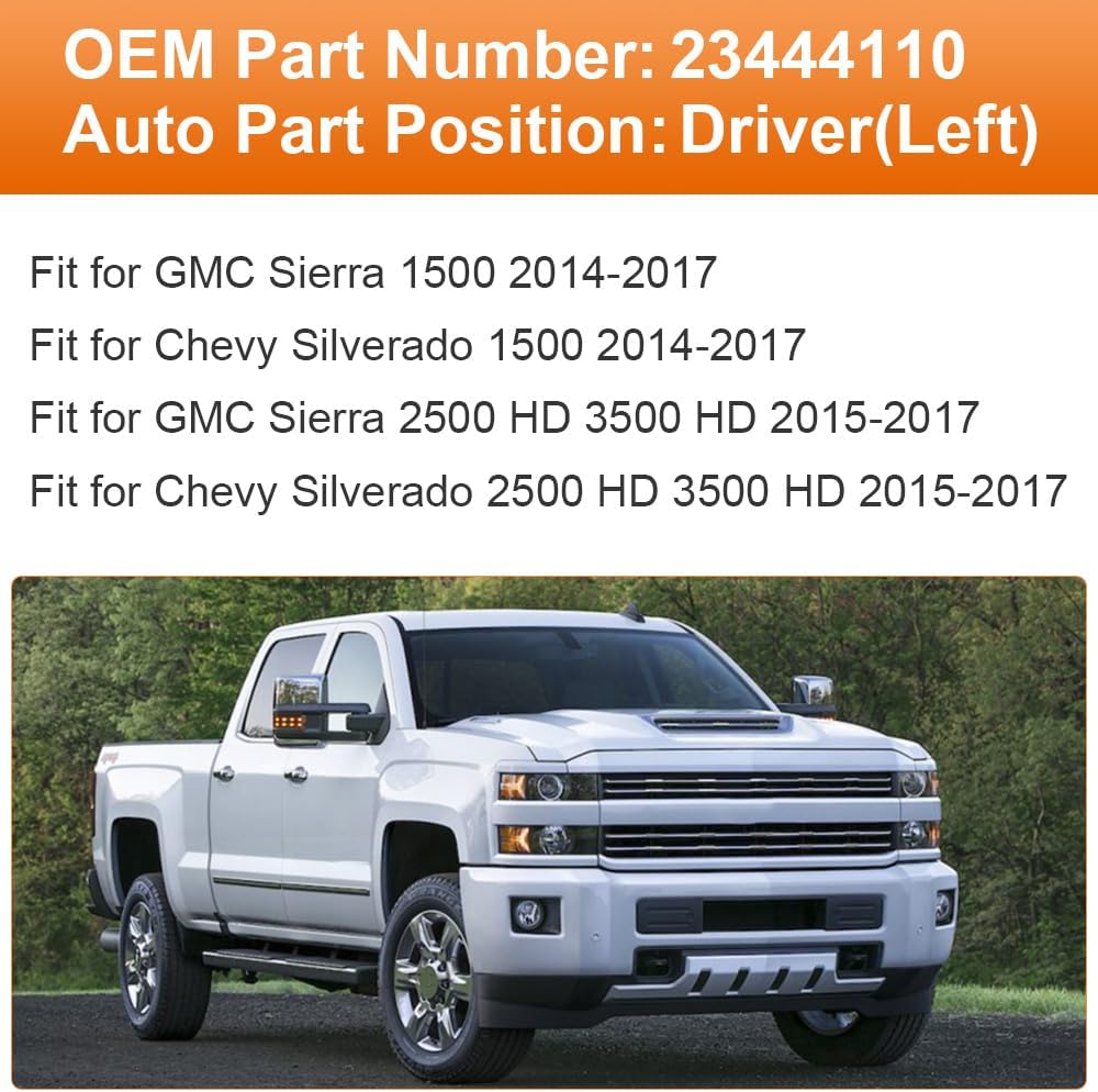 Senzeal Driver Side Heated Mirror Upper Tow Mirror Glass Replacement for Chevy Silverado 1500 GMC Sierra 1500 2014-2017 Silverado Sierra 2500 3500 HD 2015-2017 Replaces 23444110 (Left Side)