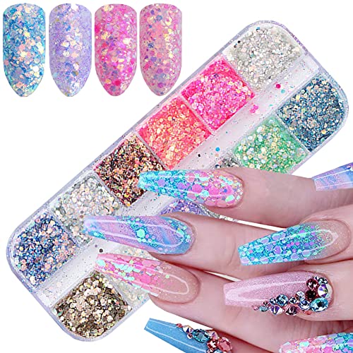 12 Colors Iridescent Glitter Nail Art Sequins, Colorful Sparkly Nail Flakes Design, Holographic Ultra-Thin Hexagon Powder Acrylic Supplies for Women Girls Manicure Summer Decorations, 3D Accessories