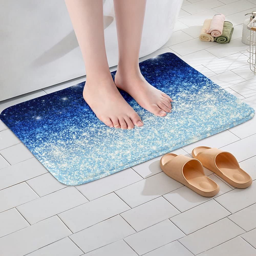 Feelyou Glitter Print (No Glitter) Non Slip Bath Mat Magical Fantasy Shining Shaggy Absorbent Floor Mat for Trendy Luxury Bathroom Rugs Fairy Dreamy Blue White Bathroom Indoor Doormat 16"x24
