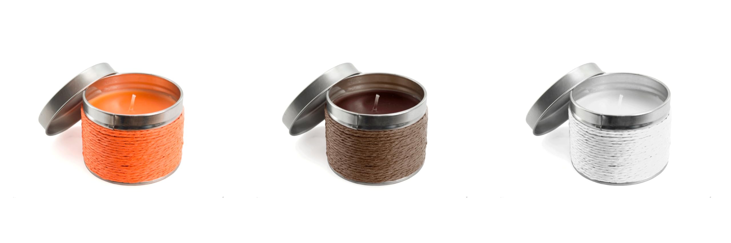 Packung mit 12 Duftkerzen in Metalldose, dekoriert mit farbigem Garn, Duft nach Vanille, Orange oder Schokolade, originelles Detail für Hochzeiten, Kommunionen und Taufen, Maße: 6,4 cm, Ø x 5 cm.