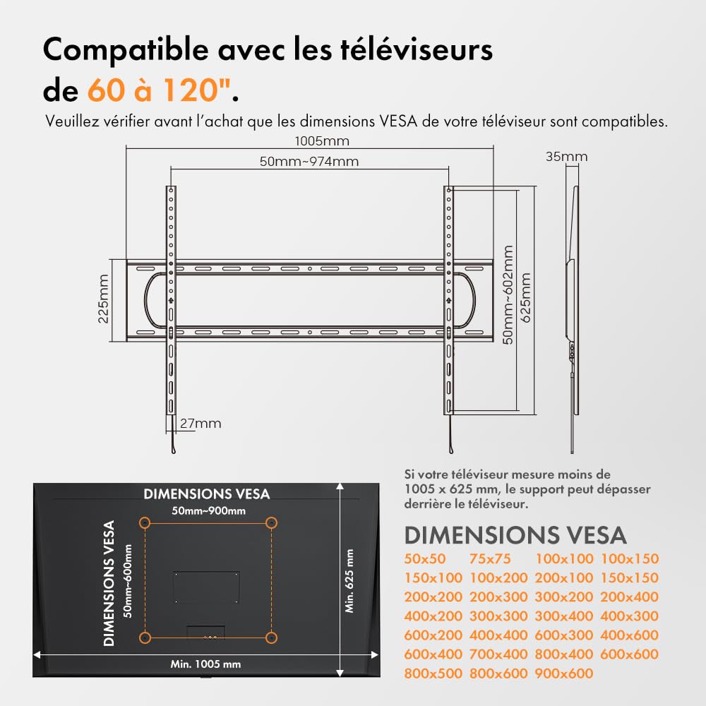 Vonhaus Support TV Mural pour Écrans 60-120 pounces, Ultra-Fin avec Niveau à Bulle, Fixation TV Murale Plate, Capacité 120kg, VESA Max : 900x600mm