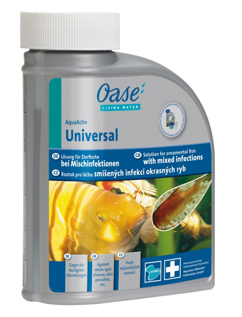 OASE 50564 AquaActiv Universal, 500 ml (für 10 m³) - Fischmedizin, Lösung für Zierfische bei Mischinfektionen, gegen die häufigsten Teichfischerkrankungen