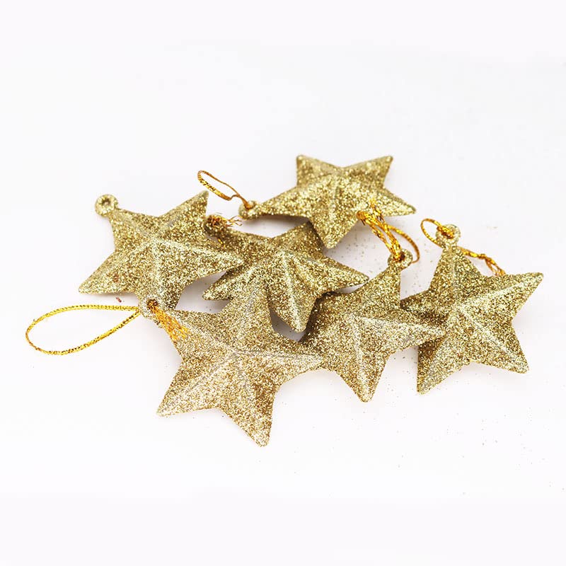 6 PCS Christmas Tree Baubles Decorations, Gold Star Hanging Ornaments Gold Glitter Stars Festive Embellishments for Holiday Party, Gold 5cm