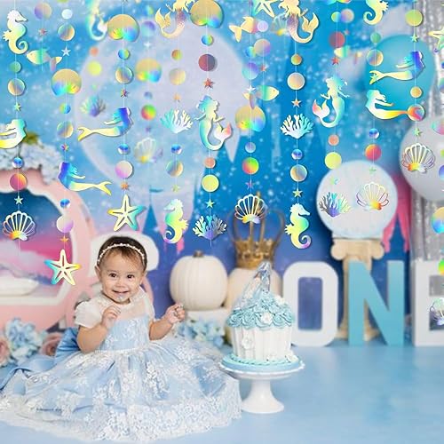 Miniatura 4 de Colgante de sirena arco iris, vieiras de océano, estrellas de mar, pancarta de color estrella, círculo, pescado, guirnalda, niña, cumpleaños,