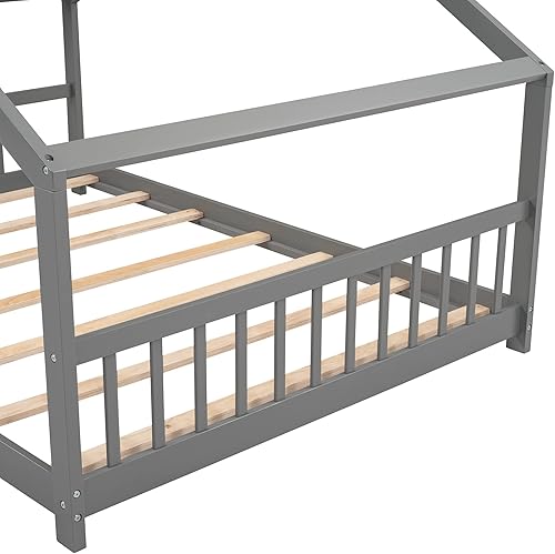 Miniatura 7 de Merax Cama de madera de tamaño matrimonial con techo gris