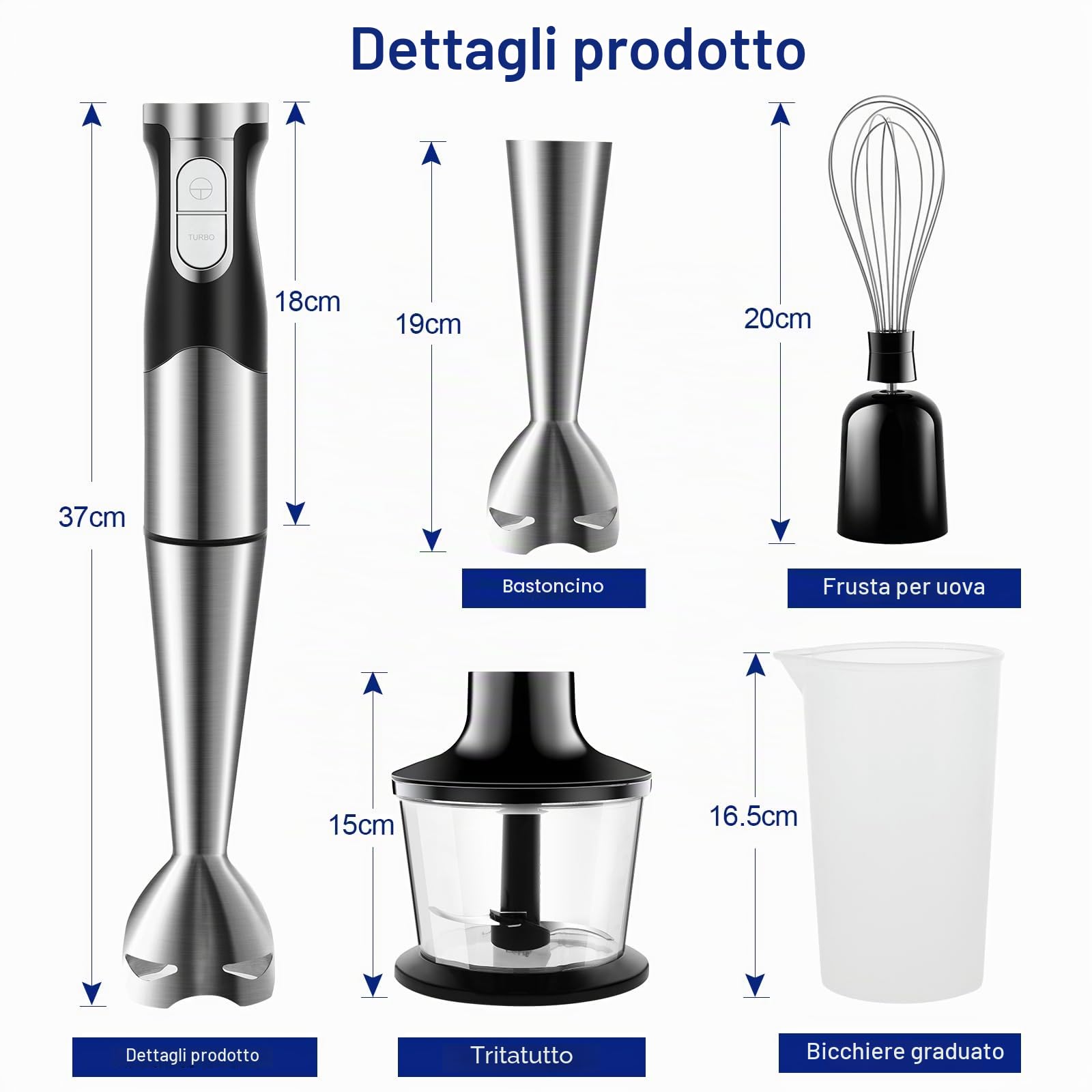 Frullatore a Immersione 1200W 6 in 1 Frullatore Tritatutto Multifunzionale con Acciao Inossidabile 304 Multifunzione Mixer Immersione con Turbo Presa Antiscivolo Velocità Regolabile