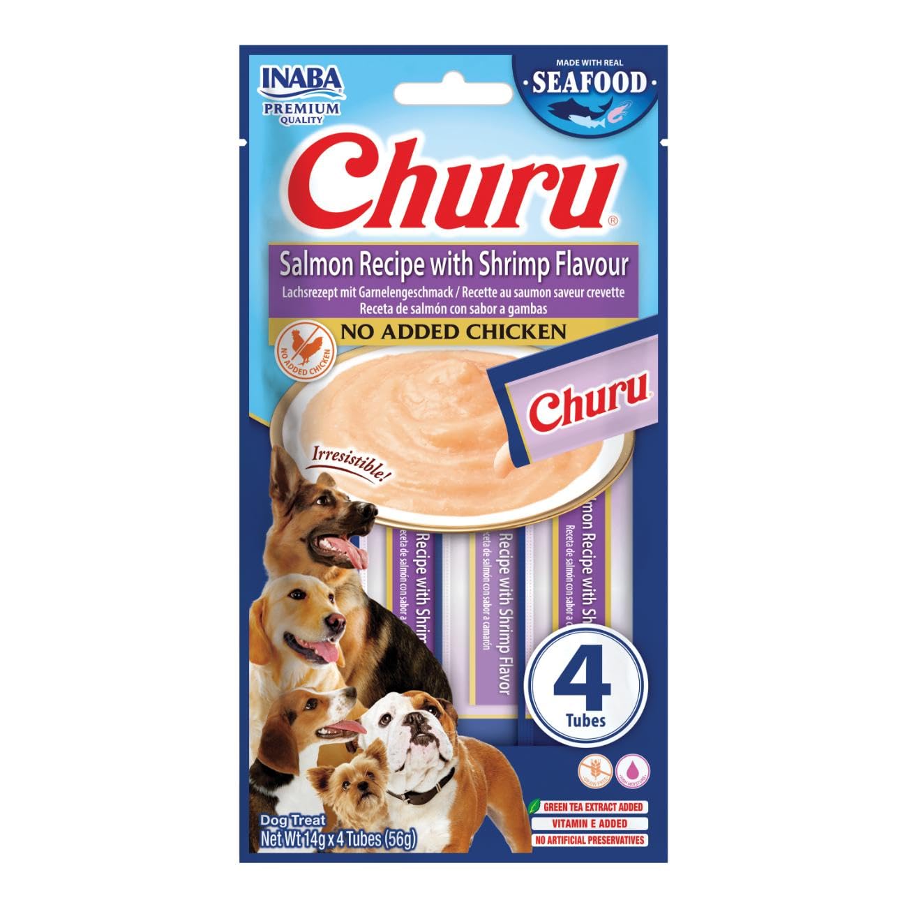 Churu Sticks by INABA Dog Treat - Salmon & Shrimp Flavour (4 x 14g) / Soft & Creamy, Delicious & Healthy Snack, Food Topper, Pill Assist, Training Treat, Natural, Grain Free