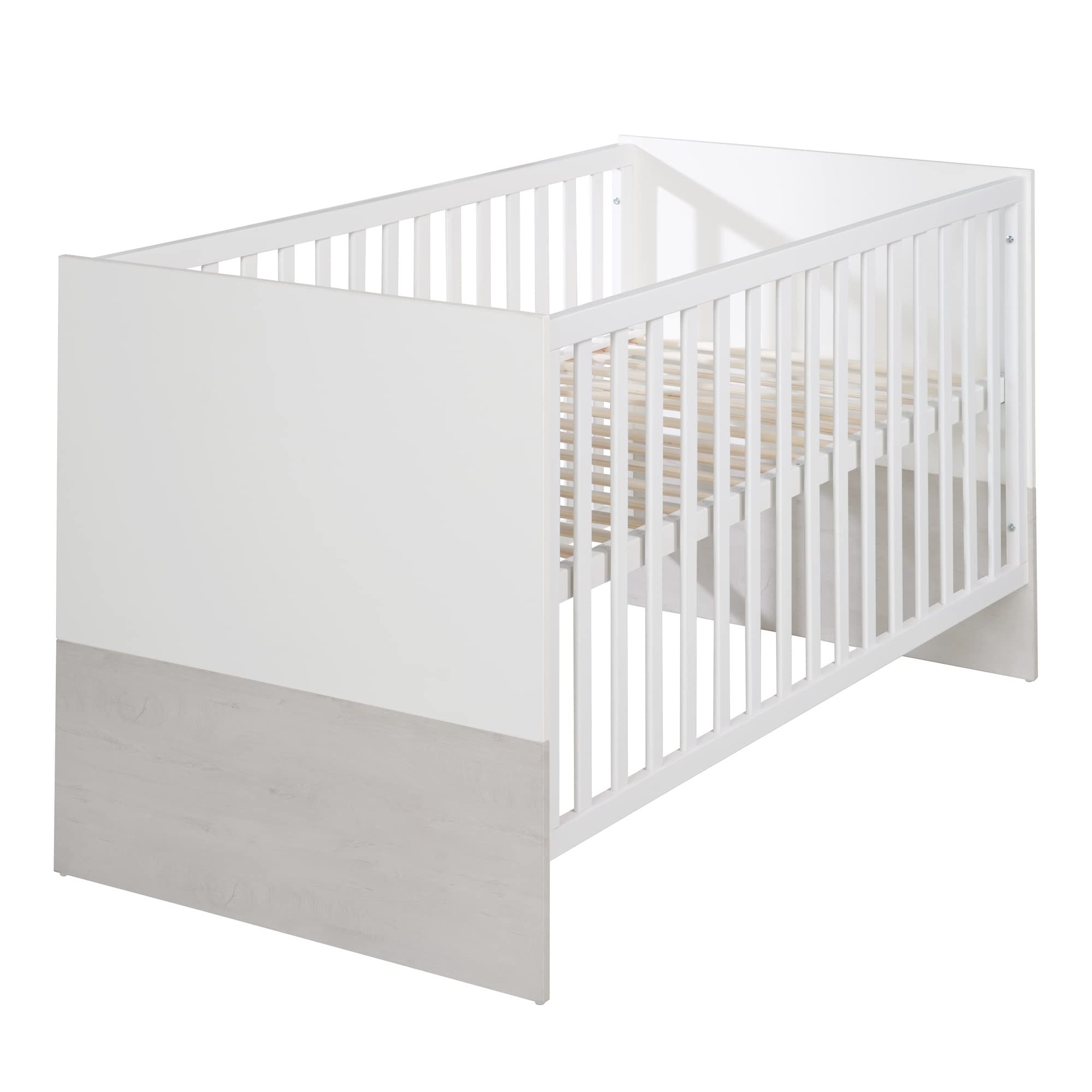 roba Julia - Cuna de bebé escalable (70 x 140 cm, Convertible en Cama Infantil, Regulable en Altura, 3 Barras extraíbles, Color Blanco/decoración de Madera