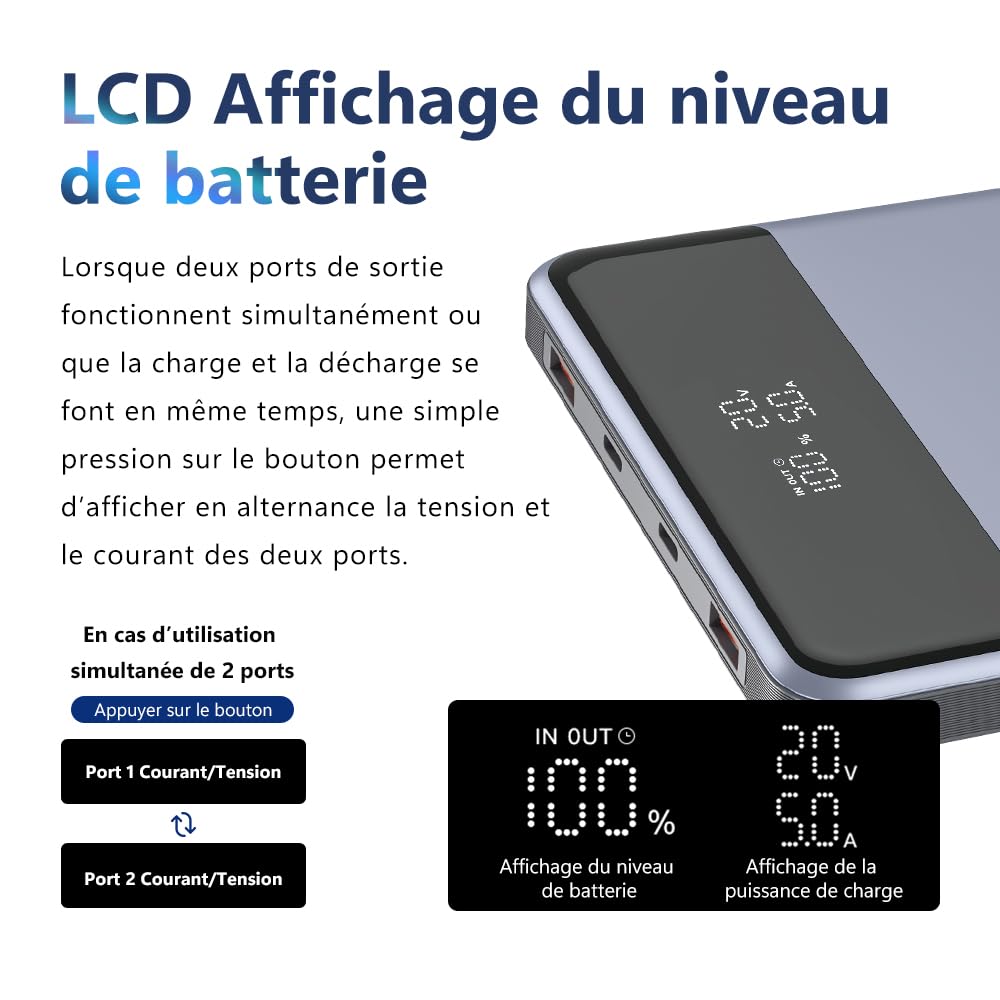 Batterie Externe 30000mAh 111Wh|USB-A&USB-C entrée/Sortie|Charge Rapide PD 110W|4 appareils simultanés|Écran LCD|Compatible iOS,Smartphone,Tablette,Console,Montre|Voyage Urgence,Noir