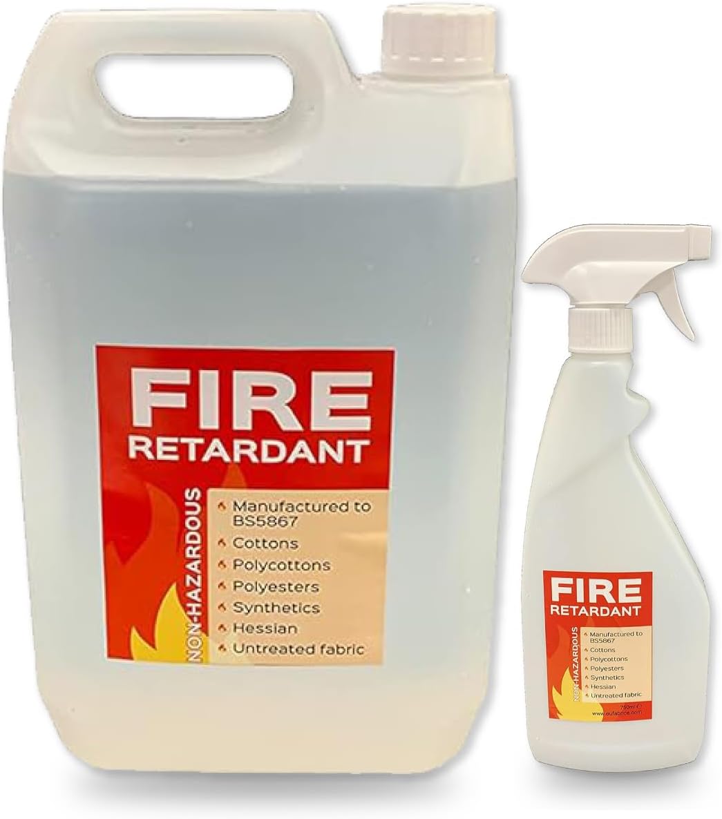 – EU Fabrics Flame Retardant Spray - British Standard 5852 - Cotton, Polyester, Polycotton, Synthetic, Hessian, and Untreated Fabric Protection for Curtains, Upholstery (5 litres + 750ml Empty Bottle)