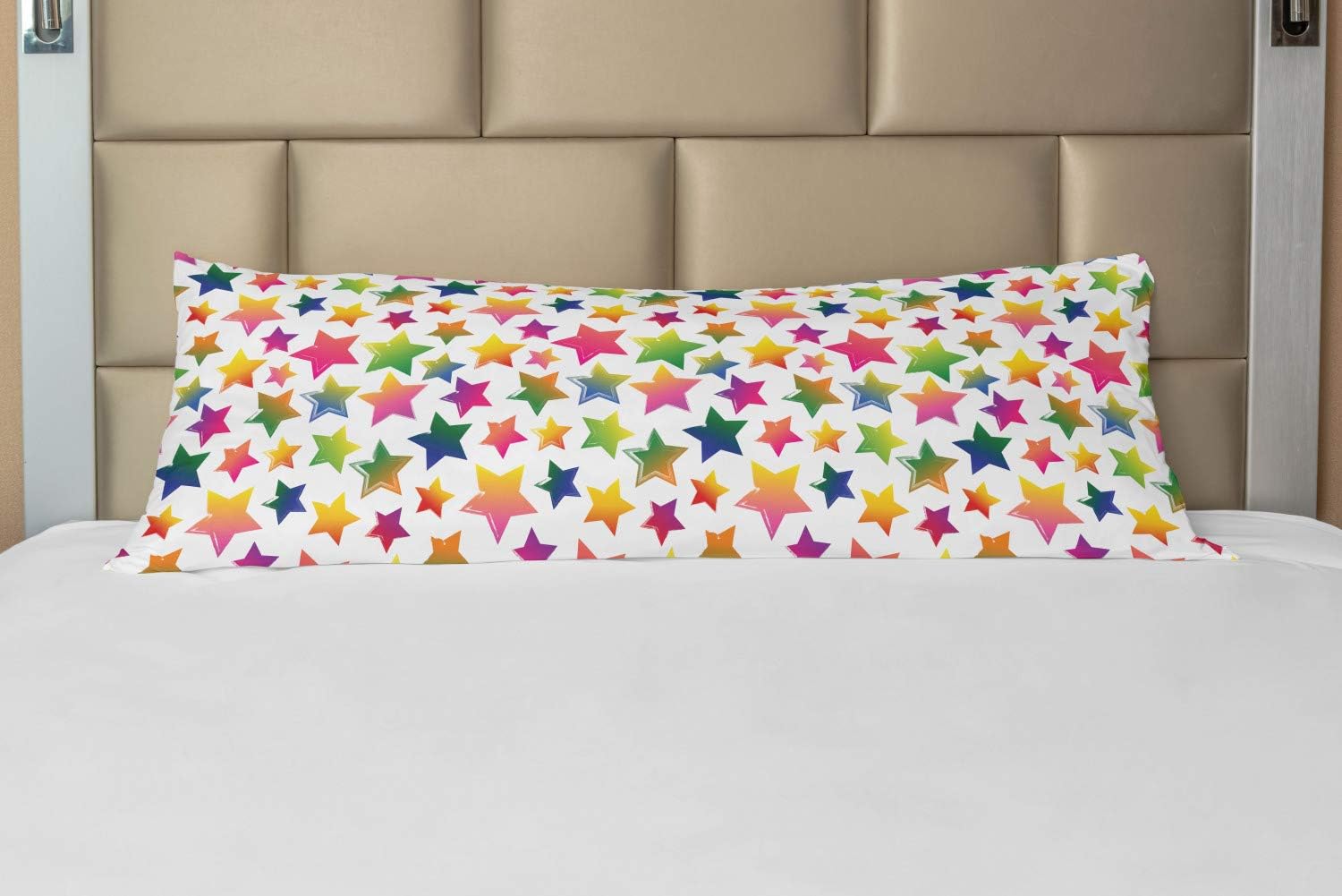 Ambesonne Stars Body Pillow Case Cover with Zipper, Colorful Grunge Geometric Star Shapes Pattern with Rainbow Theme Illustration, Decorative Accent Long Pillowcase, 21" x 54", Magenta Yellow