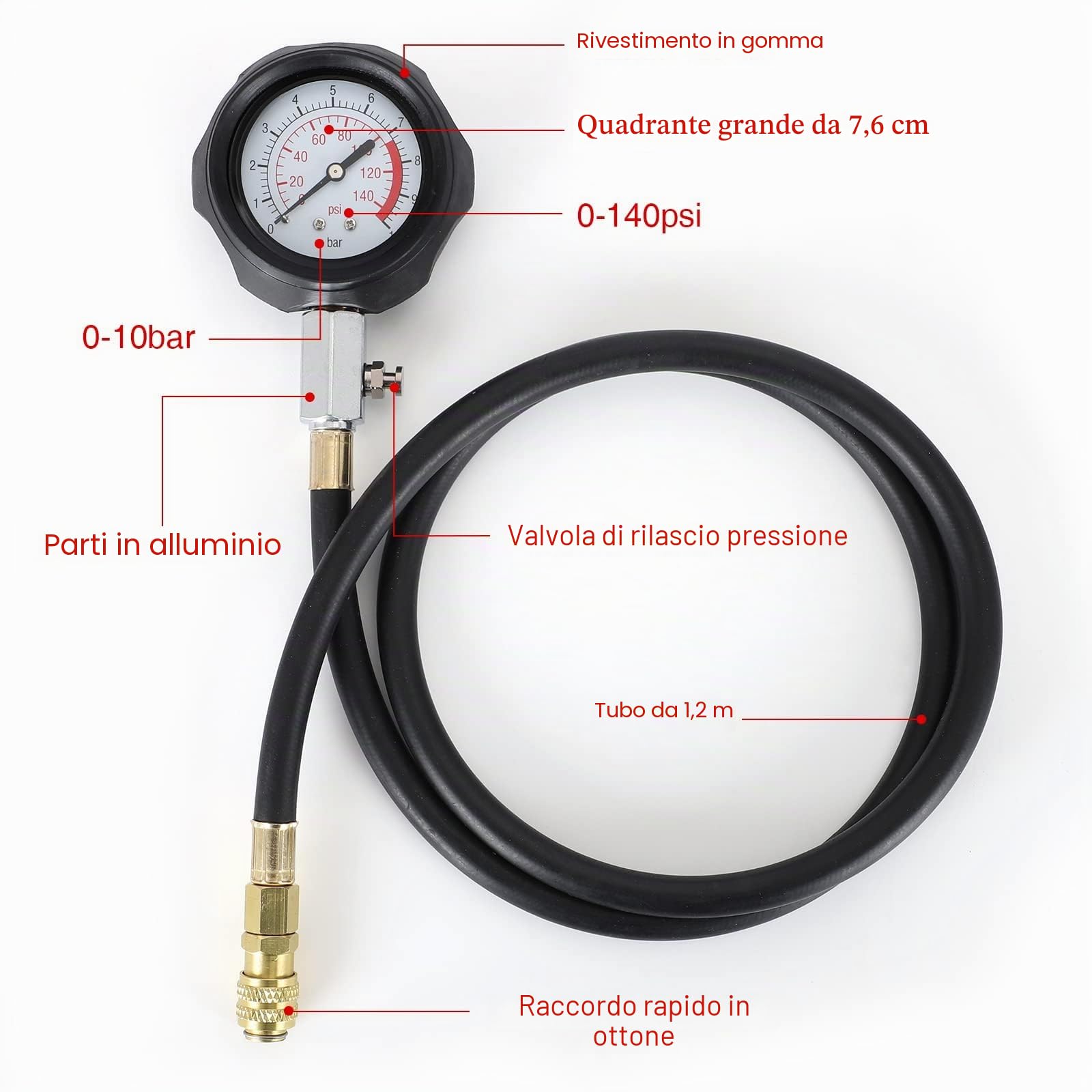 Kit di tester per la pressione dell'olio, set di strumenti per manometro, 0 - 140 PSI, sistema di carburante, sensore meccanico del motore del cilindro, test di compressione per auto, ATV