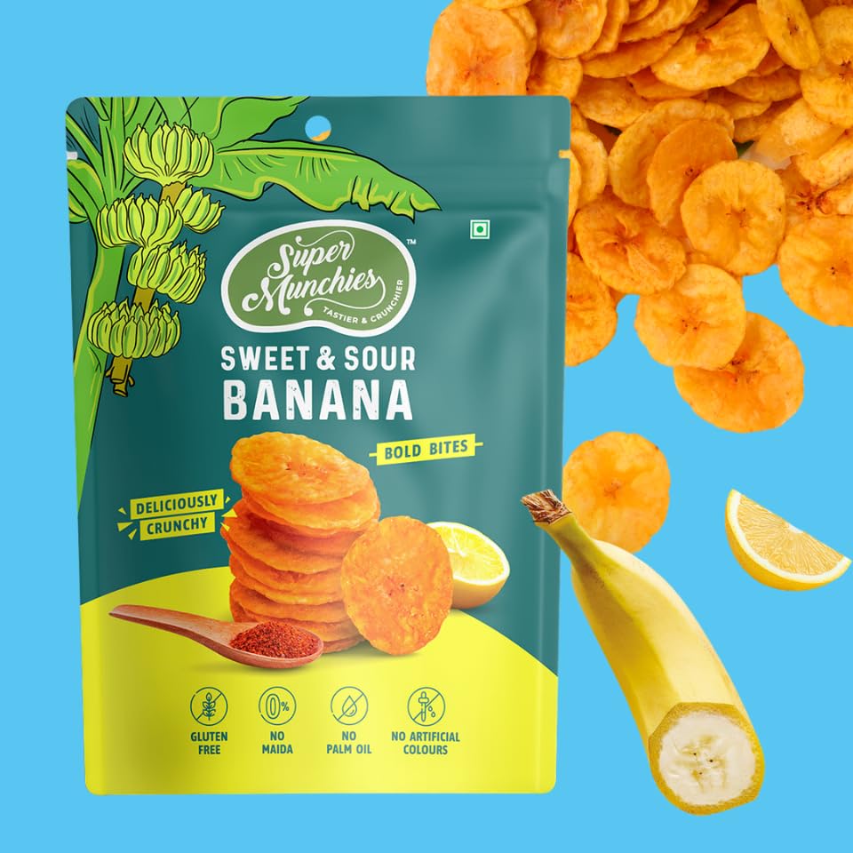 Image of Super Munchies Bold Bites Banana Chips Combo | Flaming Hot, Salted, Thai Chili, Sweet & Sour | Vegan, Gluten Free, No Palm Oil, No Preservatives, No Artificial Colors, Zero Trans Fat, No Cholesterol (Pack of 8)