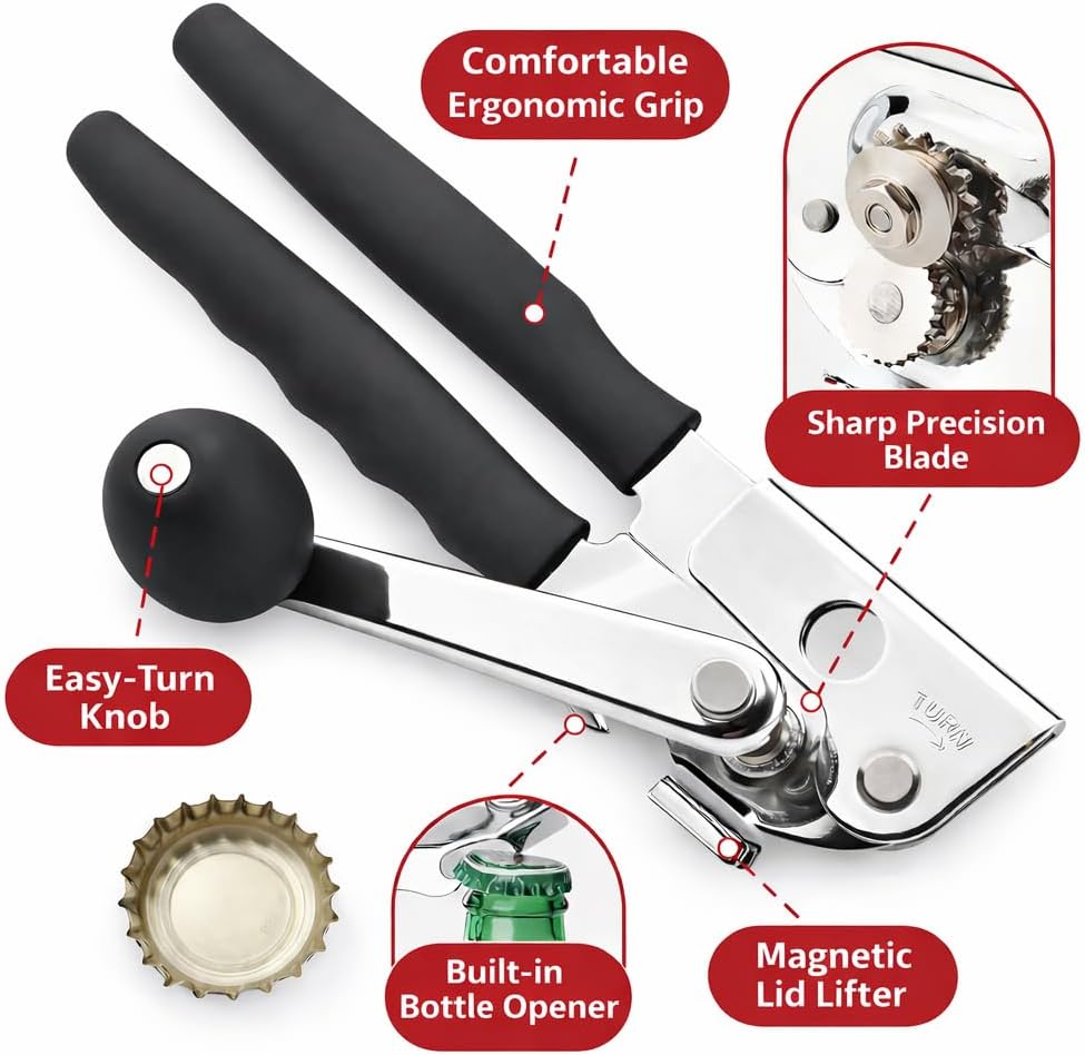 Heavy Duty Manual Can Opener with Magnet & Bottle Opener, Stainless Steel Sharp Blade, Easy Turn Knob, Ergonomic Non-Slip Handle, Multifunction Kitchen Tool for All Can Sizes