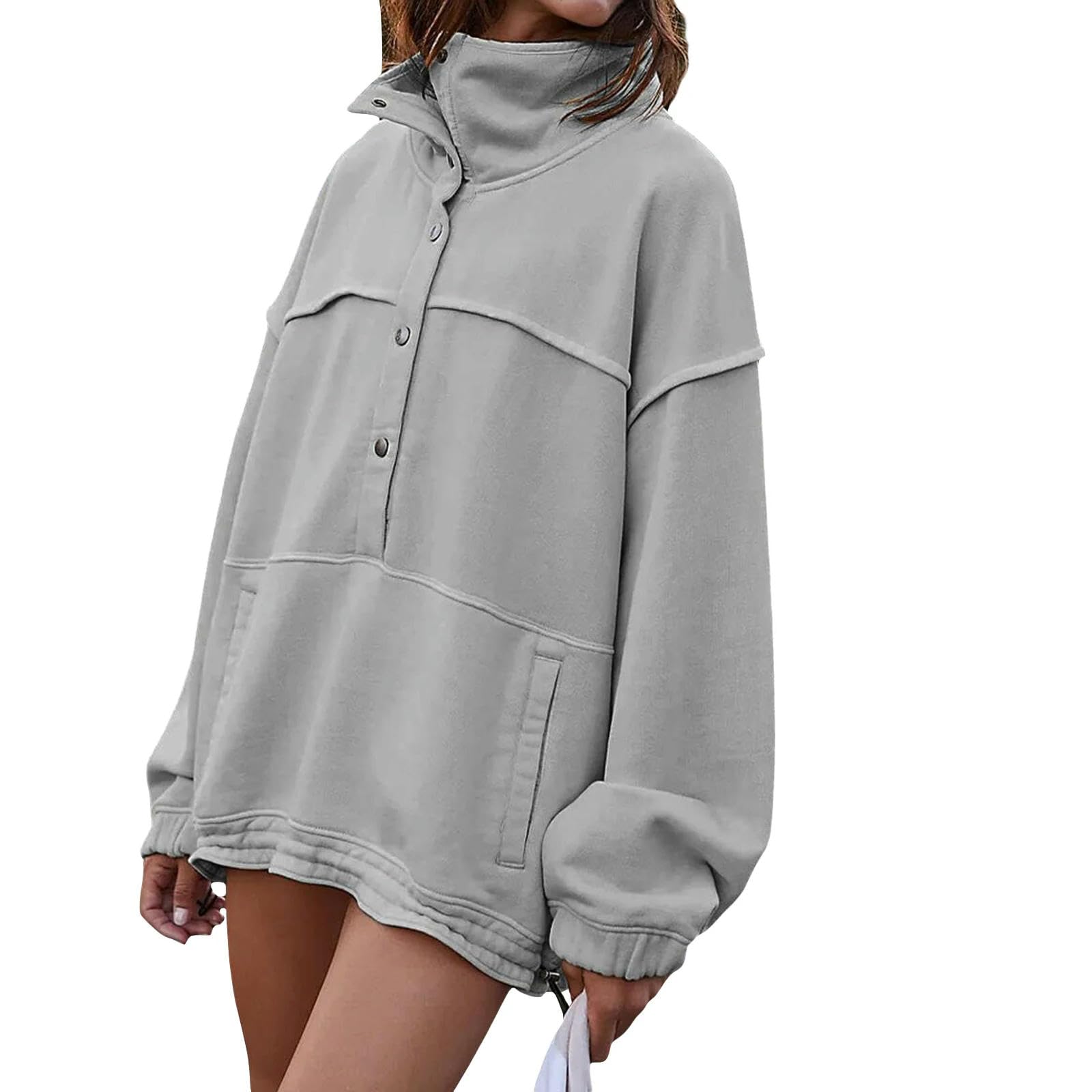 Sudaderas holgadas para Mujer, suéteres de Gran tamaño de Invierno, Tops de Cuello Alto con Cierres a presión, Sudaderas de Manga Larga, Gris, S