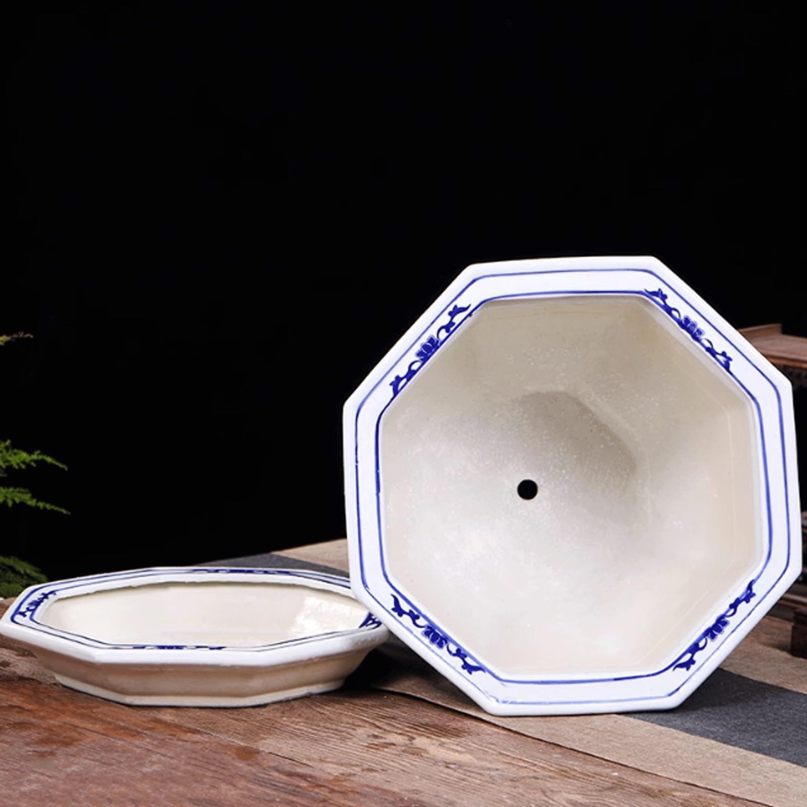 Dekoracyjna doniczka ceramiczna Jingdezhen, niebiesko-biała porcelanowa doniczka z otworem drenażowym i spodkiem, sześciokątna doniczka, glazurowana doniczka bonsai na storczyki, sukulenty, taras (21