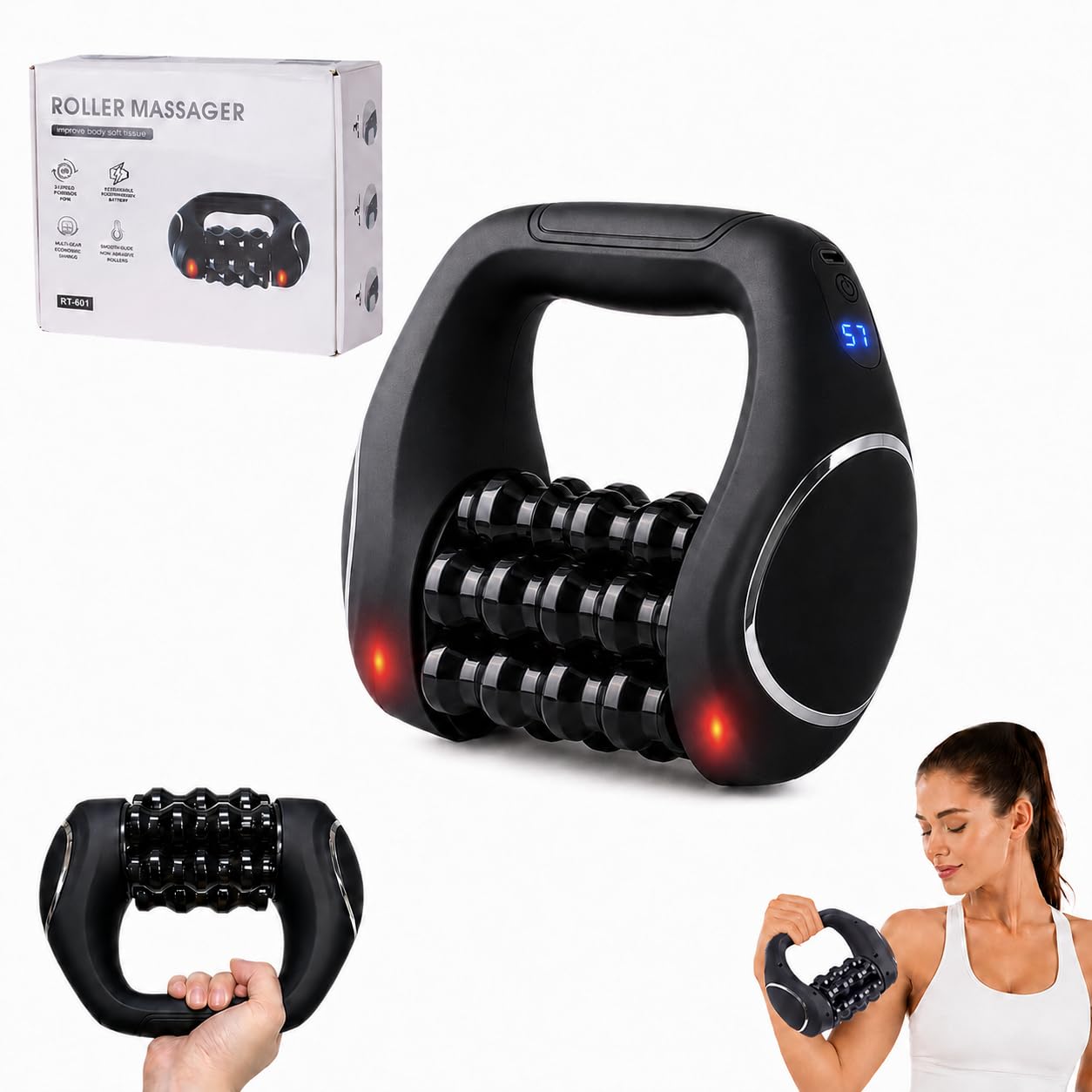 Massageroller Elektrisch Handmassagegerät,mit 9 Geschwindigkeitsstufen, 1200mAh Akku Massagegerät für Tiefengewebsmassage, Tragbarer Rollmassagegerät für Muskeln & Ganzkörperentspannung